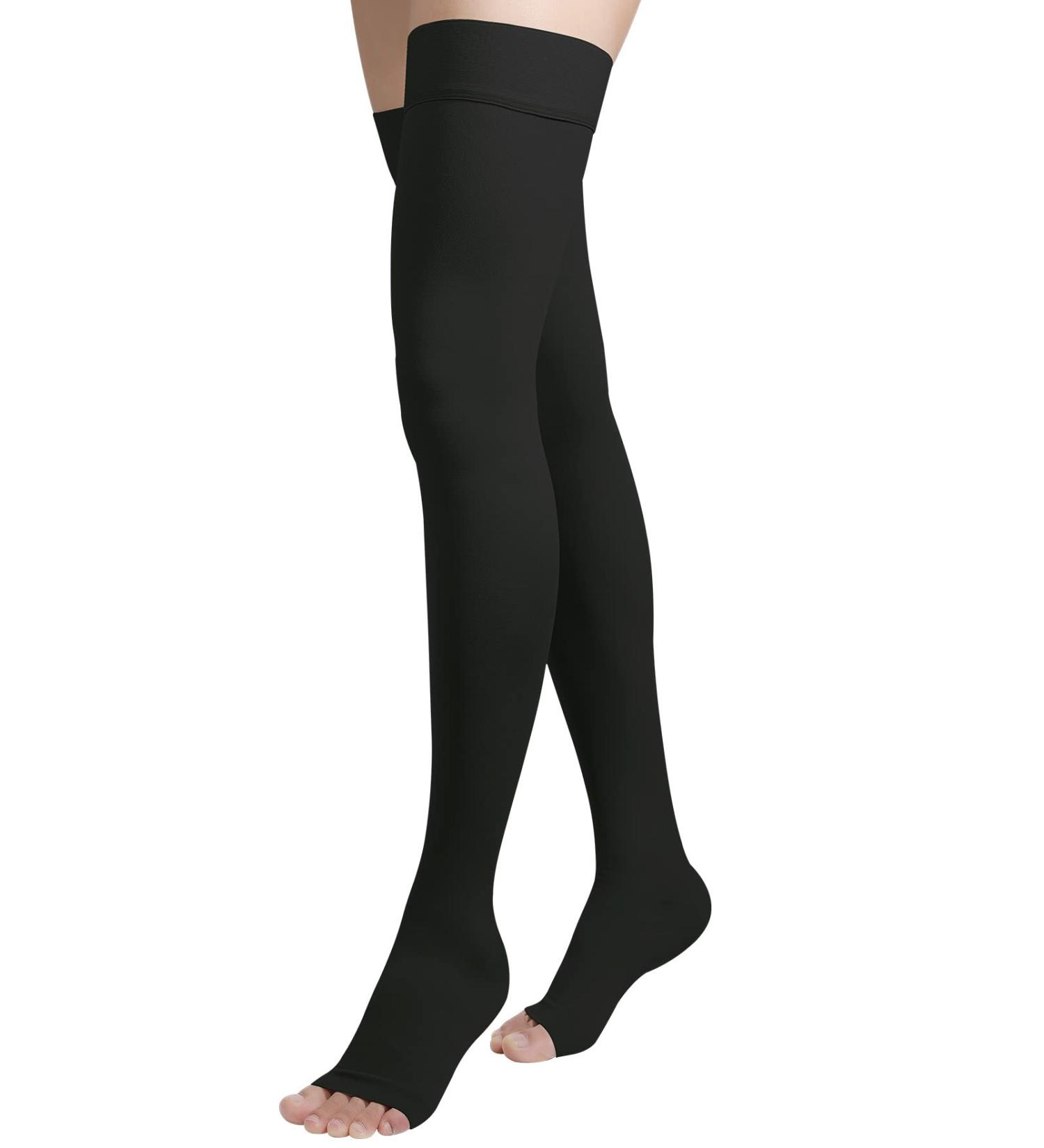 Open Toe Thigh High Compression Stockings Pair - 20-30mmHg Firm Support, Silicone Band, Unisex, Best for Veins & Edema - Black, Size S - Buy Online on GoSupps.com