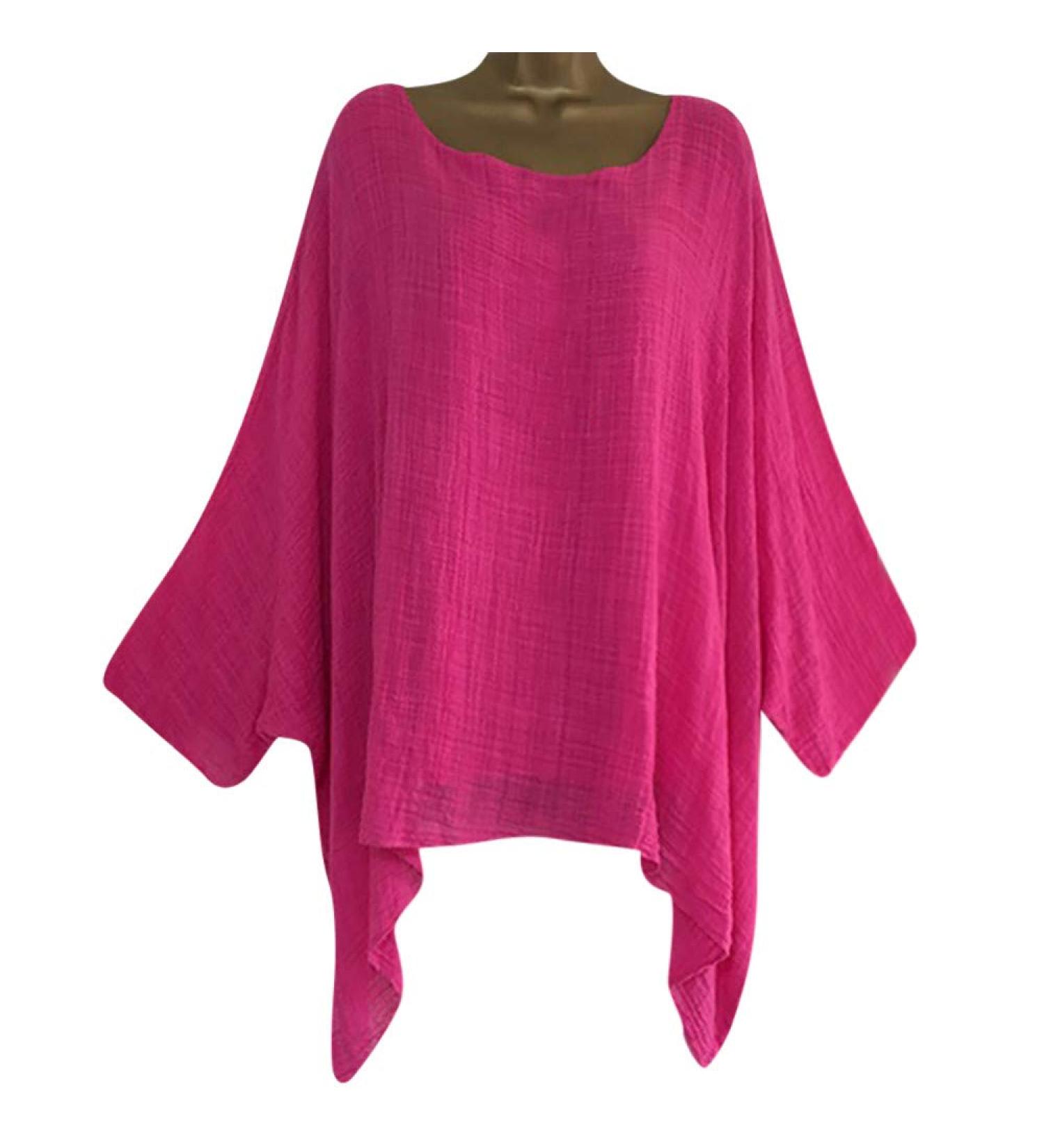 Women Cotton and Linen Shirt Oversized Blouses Summer Long Sleeve Button Down Casual Tees V Neck Loose Business Office Fashion T Shirt 2924-qppoj-3-hotpink 3XL - Buy Online on GoSupps.com