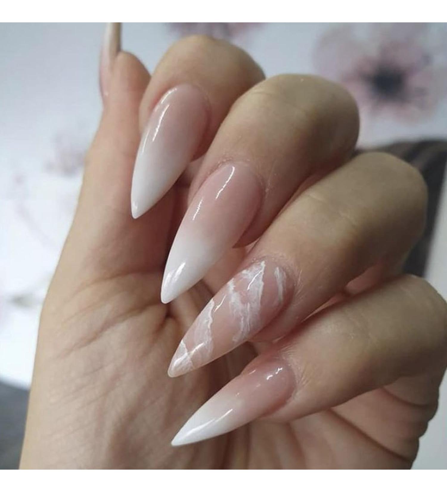 French Tip Press on Nails - Stiletto Ombre White Pink - Short Medium Fake Nails with Marble Gradient - Acrylic False Nails for Weddings - Glue Included - Buy Online on GoSupps.com