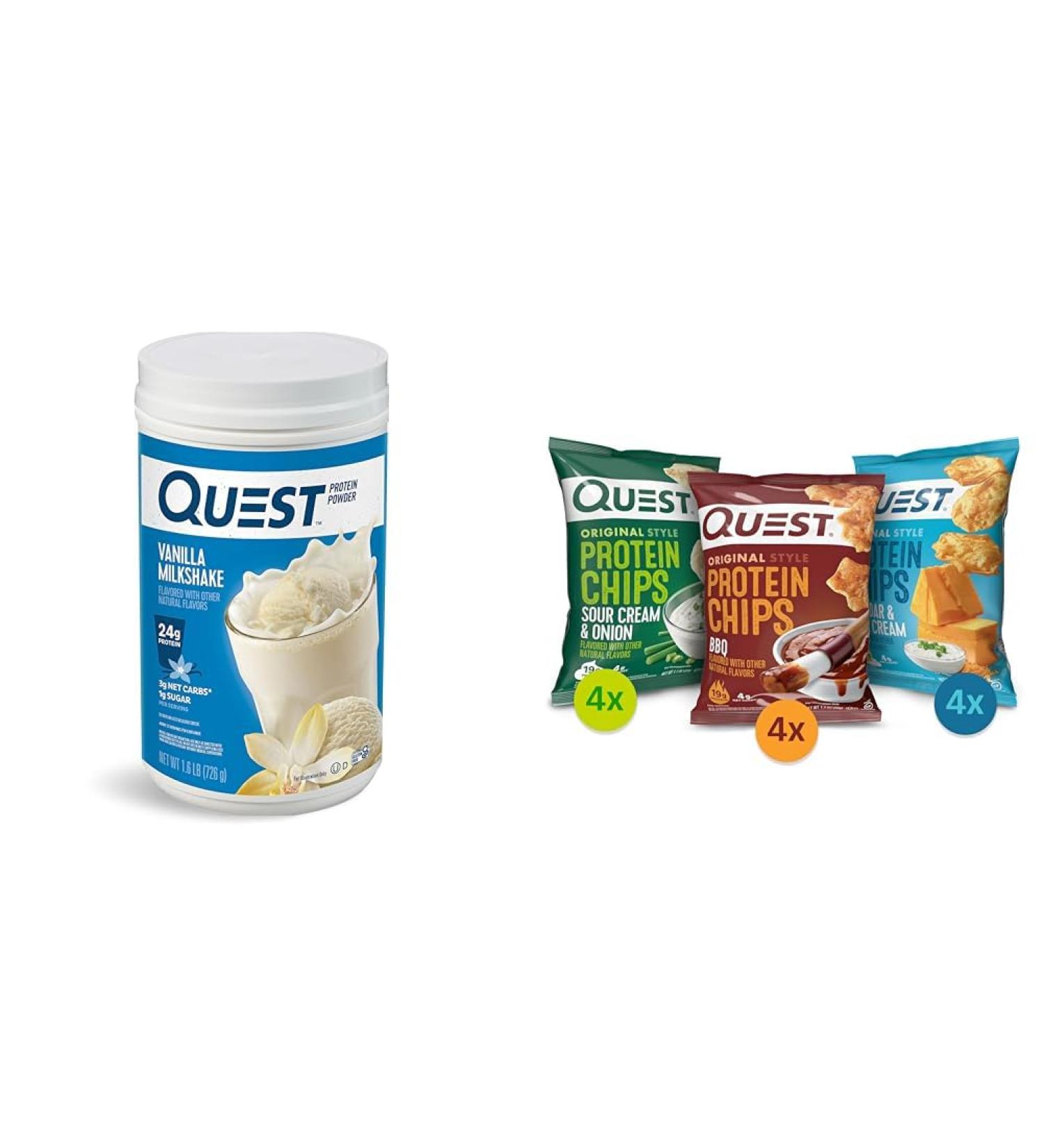 Quest Vanilla Milkshake Protein Powder with 24g Protein Quest Protein Chips Variety Pack with BBQ Cheddar & Sour Cream Sour Cream & Onion Flavors 1.6 lb 12 Count - Buy Online on GoSupps.com