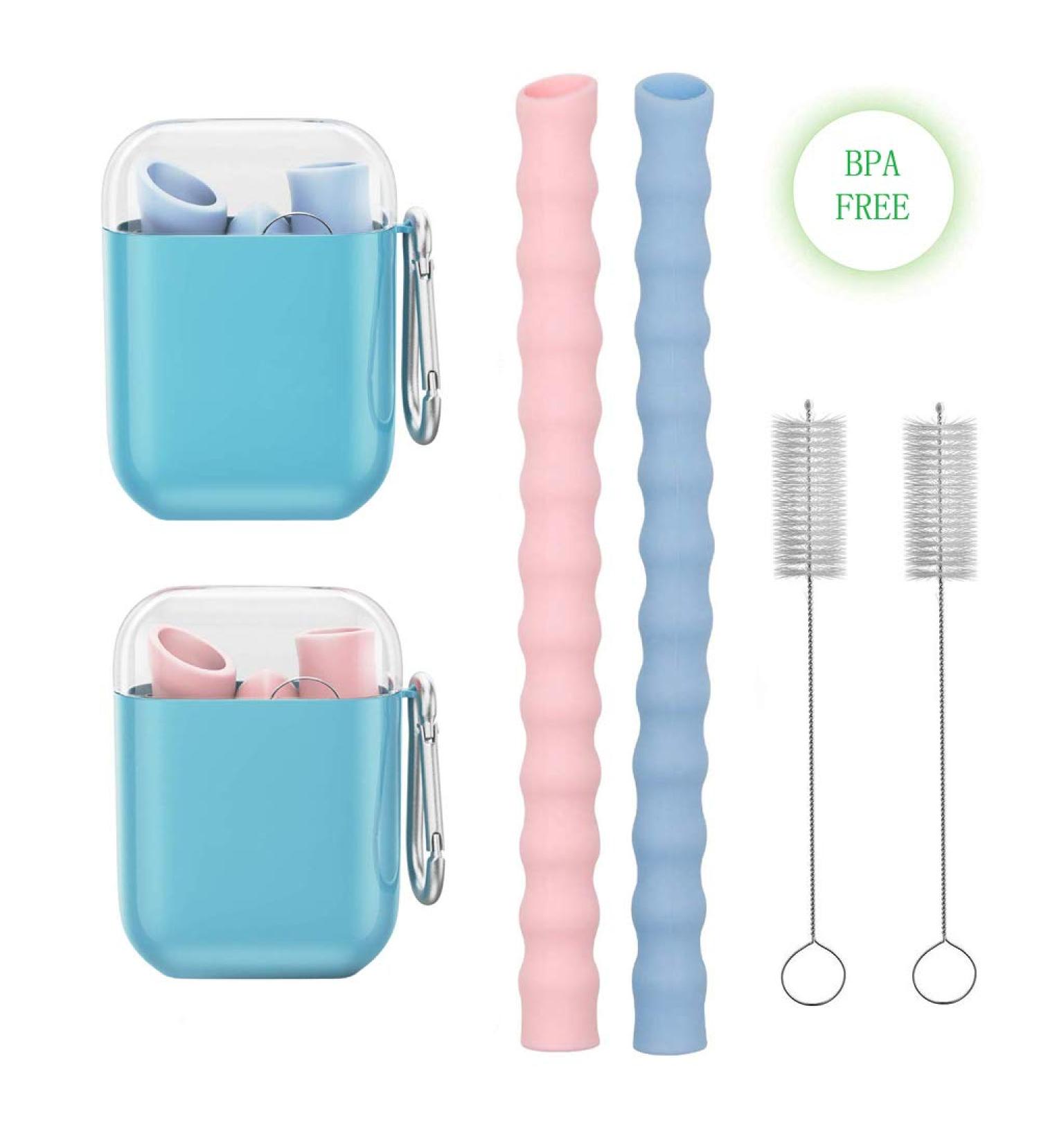 ZALU Collapsible Boba Silicone Straws - Portable Smoothie Straws Reusable Final Drinking Straw Set with Cleaning Brush & Case (Blue+Pink) - Buy Online on GoSupps.com
