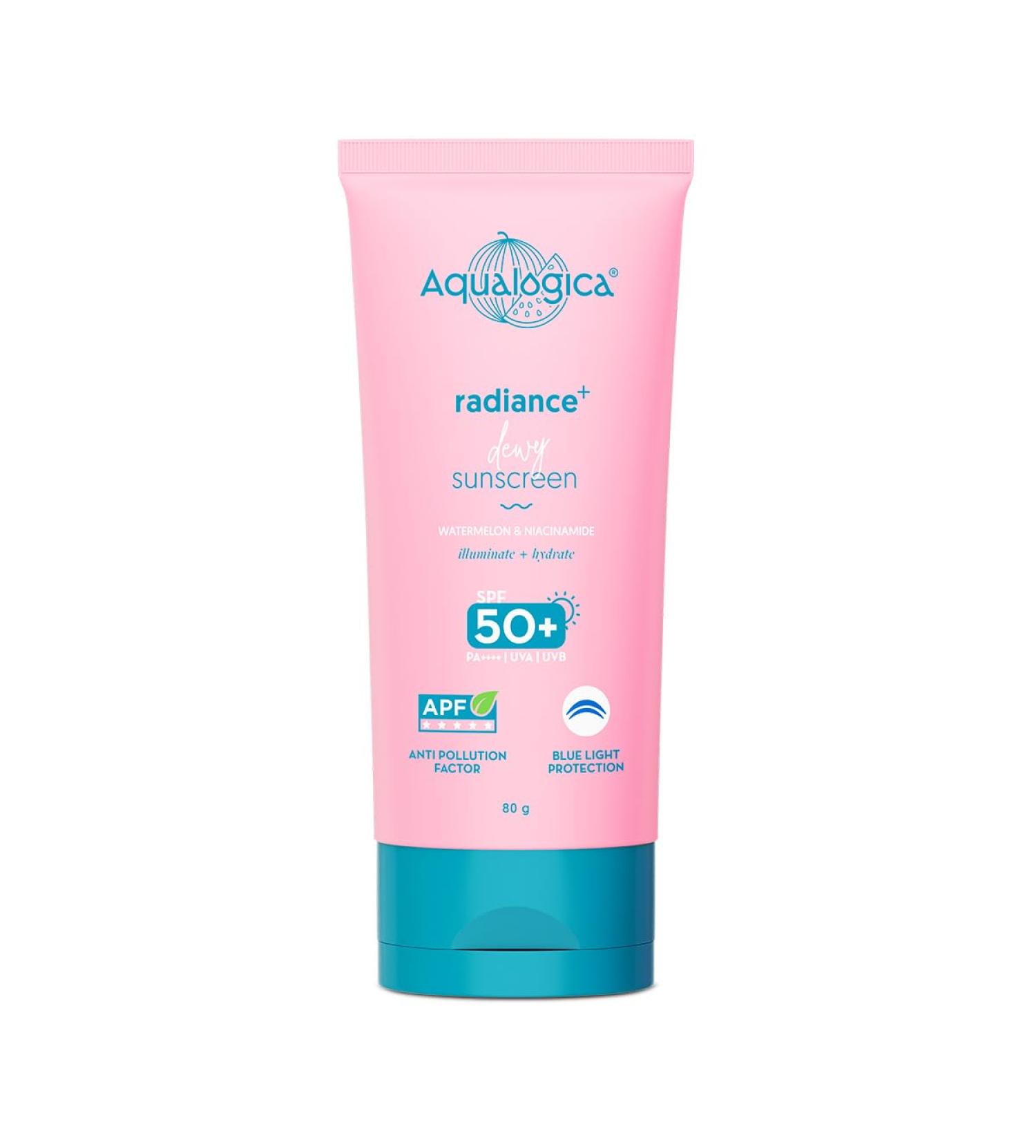 Aqualogica Radiance+ Dewy Face Sunscreen with SPF 50+ & PA+++ | Broad Spectrum Protection & No White Cast | Helps Give Healthy Skin with Watermelon & Niacinamide | 2.82 Oz/80g - Buy Online on GoSupps.com