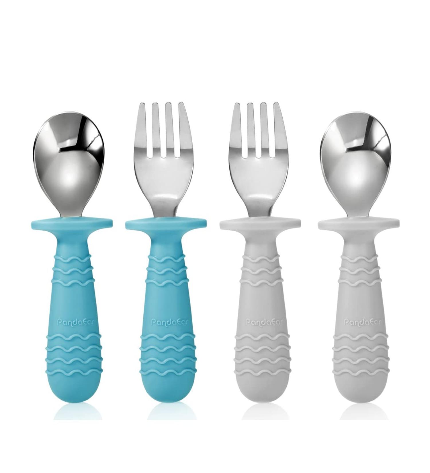 PandaEar 4 Set Baby Toddler Silicone Stainless Steel Utensils Silverware Spoon Fork - BPA Free, Anti-Choke Design (Blue&Grey) - Buy Online on GoSupps.com