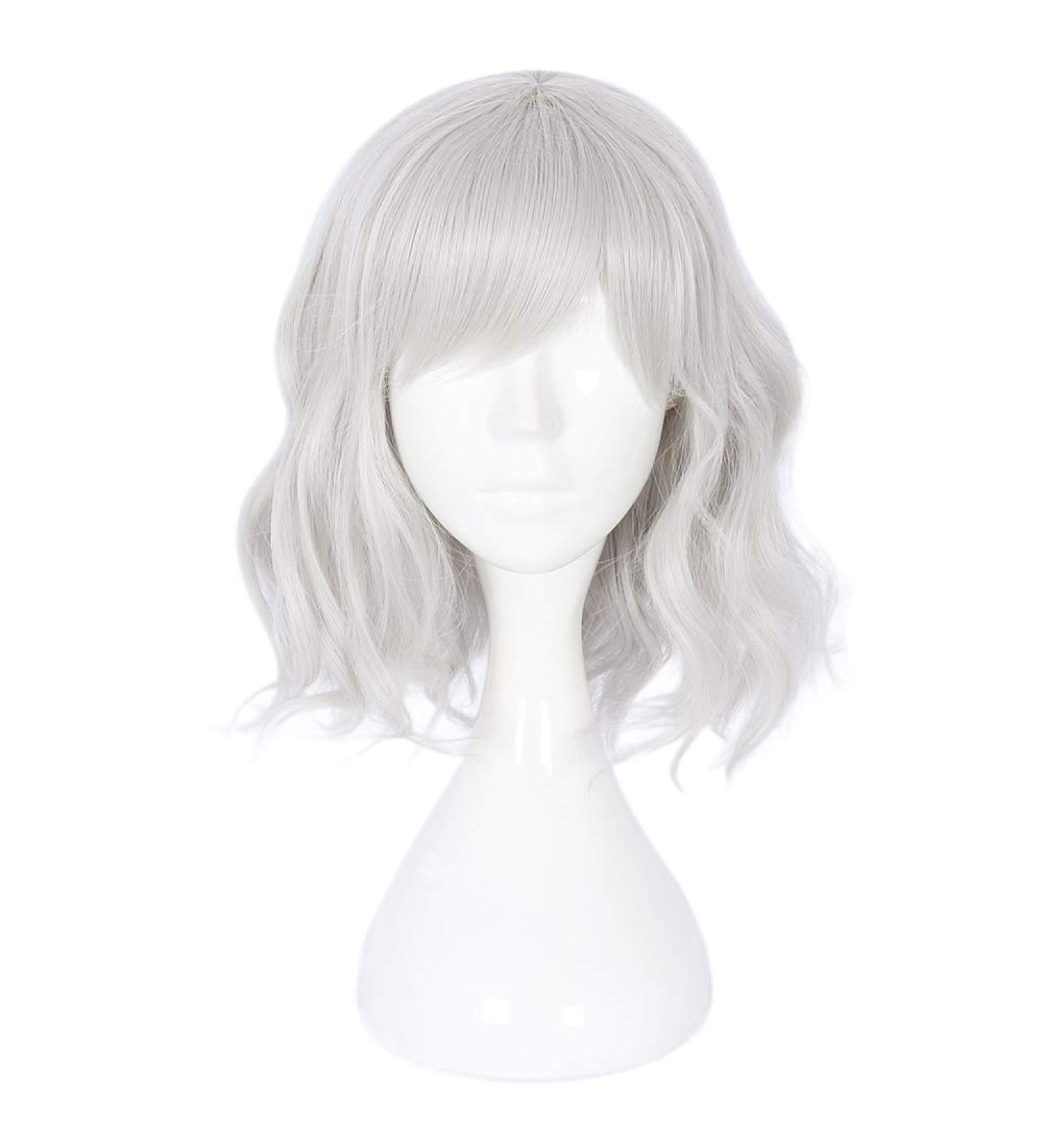 Women's Short Bob Wig with Bangs Curly Wavy Harajuku Style - Silver White Color - Perfect for Daily Wear, Halloween, and Cosplay Parties - Buy Online on GoSupps.com