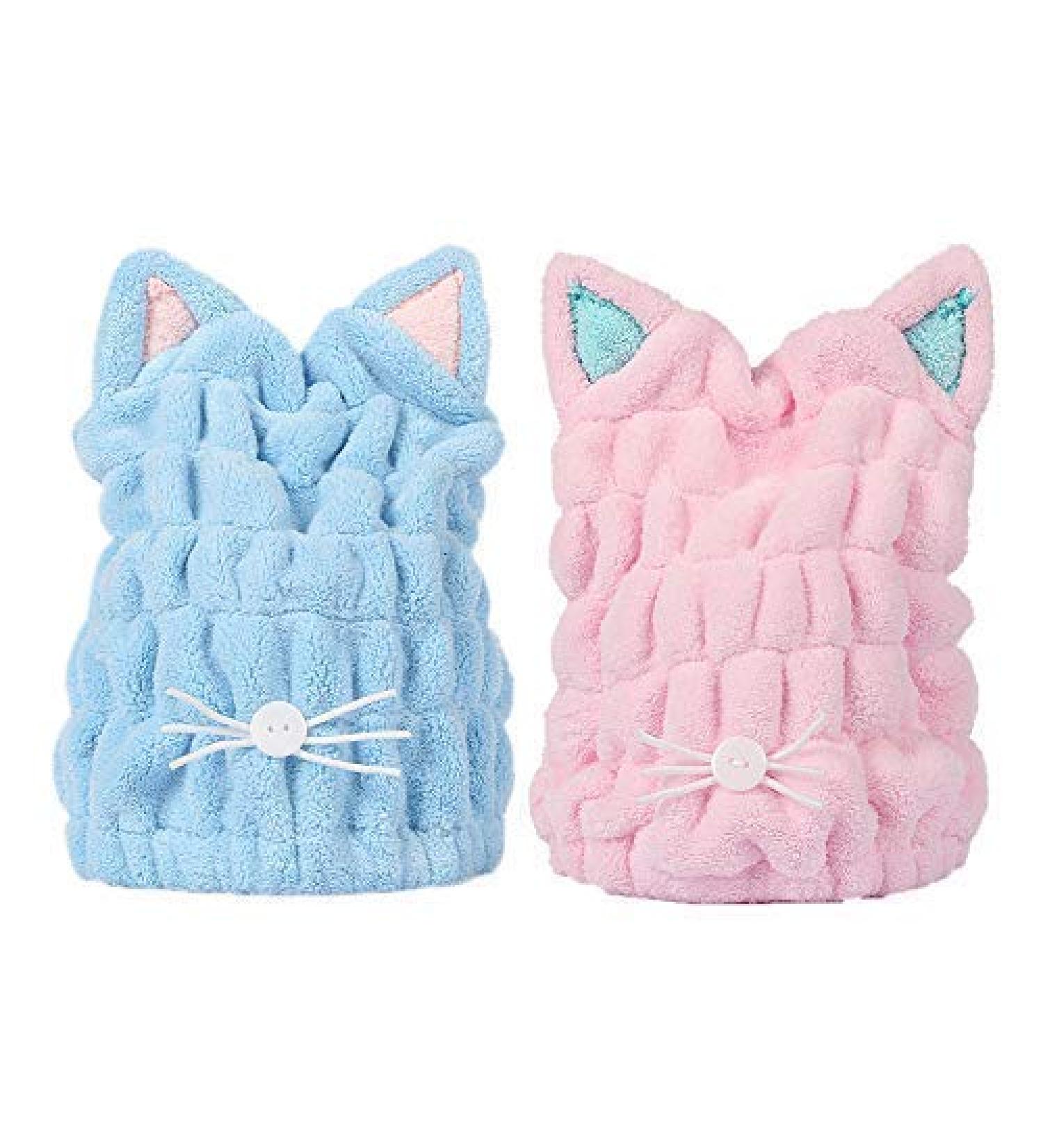 OrangeTag 2Pcs Ultra Absorbent Microfiber Hair Towel Wrap with Cute Kitty Ears for Women & Girls | Quick Drying Bath Tool Hat - Buy Online on GoSupps.com