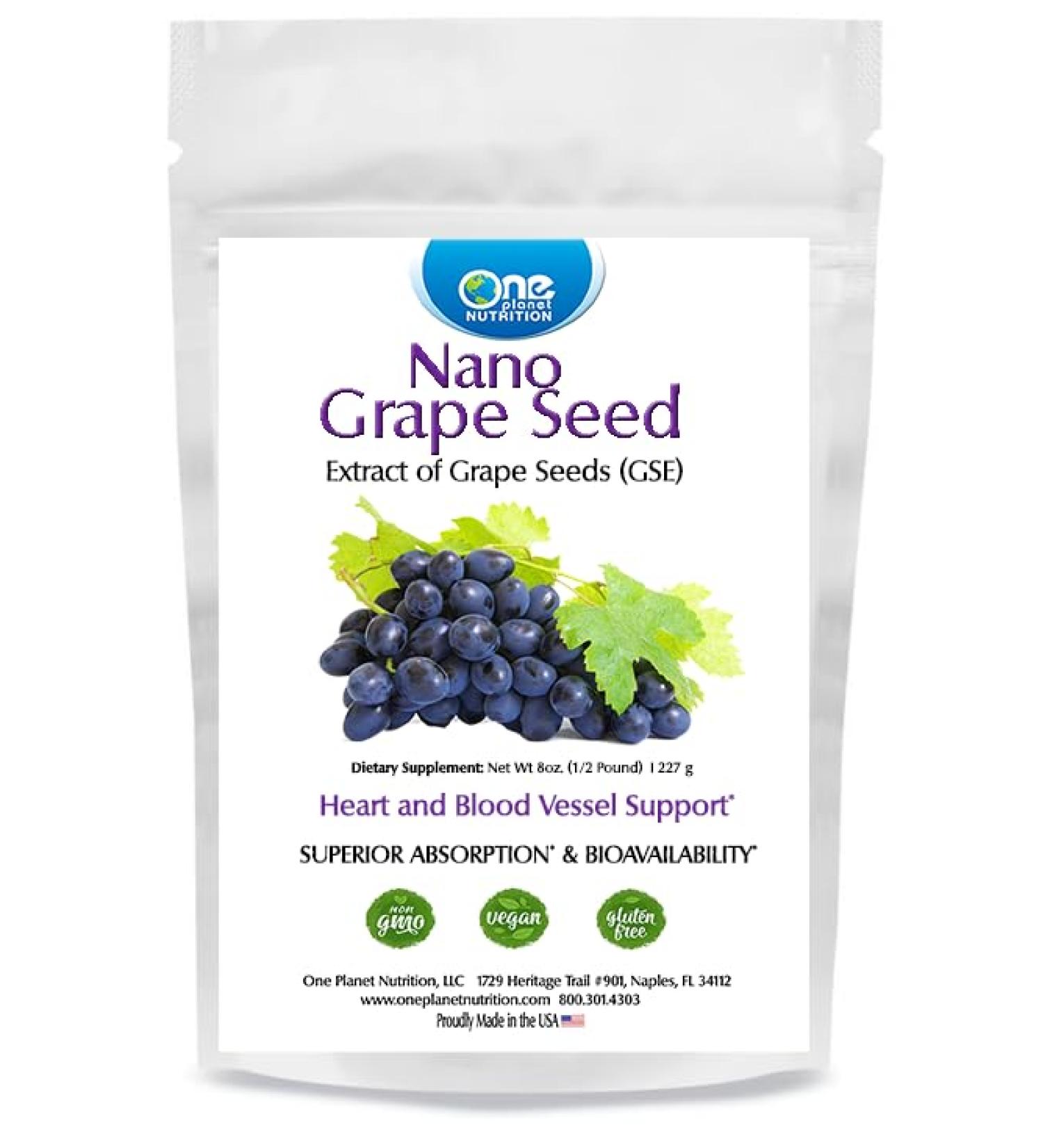 One Planet Nutrition Nano Grape Seed Powder 8 oz (227 Servings) - Nano Particle Size Vitis Vinifera Extract for High Absorption - Supports Skin & Cardiovascular Health - Non GMO Vegan Gluten Free - Buy Online on GoSupps.com