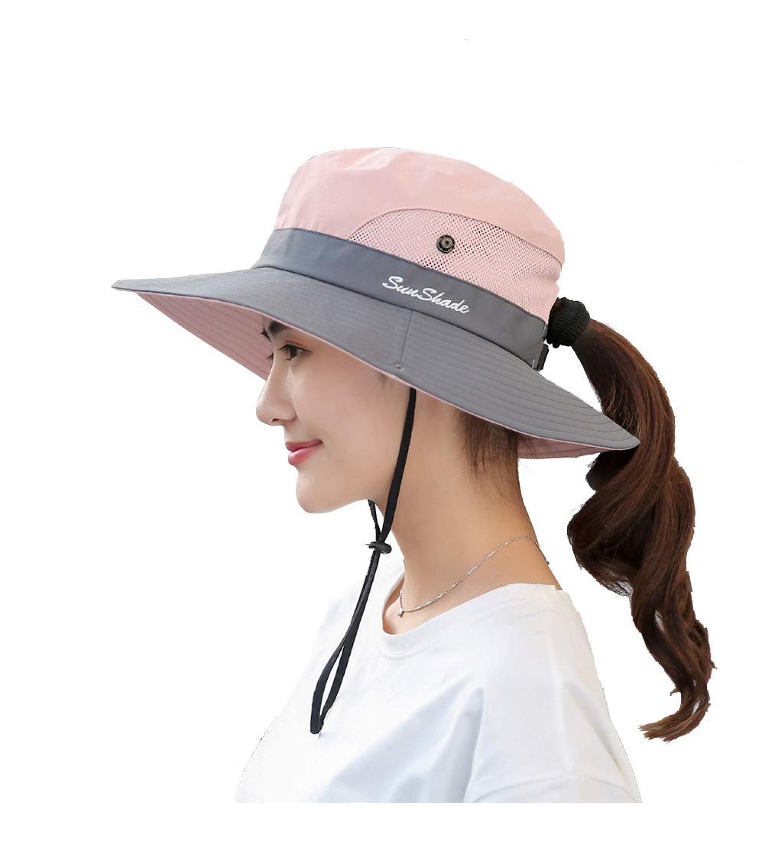 HSELL Women s UV Protection Wide Brim Sun Hat with Ponytail Hole Pink