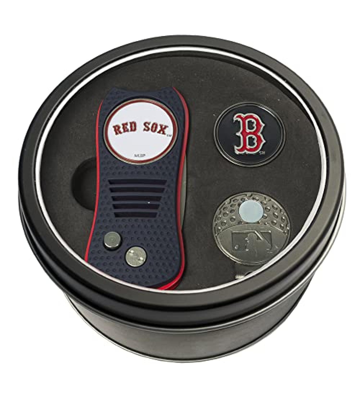 Team Golf MLB Gift Set Switchblade Divot Tool, Cap Clip, & 2 Double-Sided Enamel Ball Markers, Patented Design, Less Damage to Greens, Switchblade Mechanism Boston Red Sox
