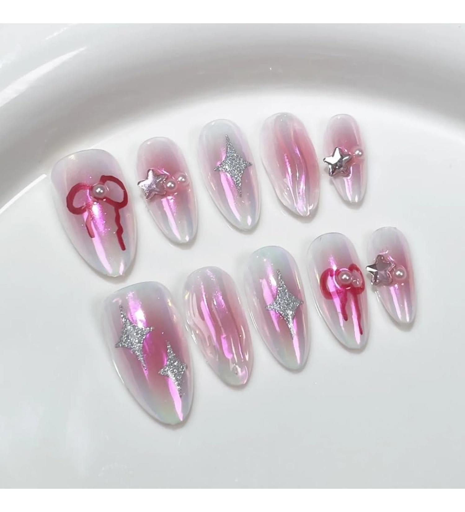 10Pc Blush Powder Almond False Nails Relief Hand drawn Bow Star Design Press on Nails Handmade Full Cover False Nail Tips(Color:6 Size:M)