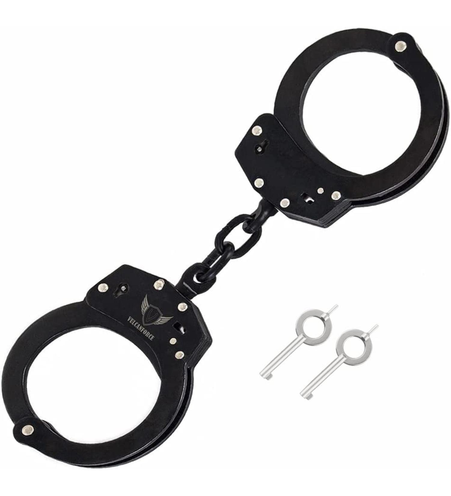 vulcanforce Handcuffs Law Enforcement - Heavy Duty Steel Chain Hand Cuffs - Includes 2 Keys - Extra Sturdy Double Lock - 16 Locking Positions Fit Most Wrists - Perfect for Security  Training Black - Buy Online on GoSupps.com