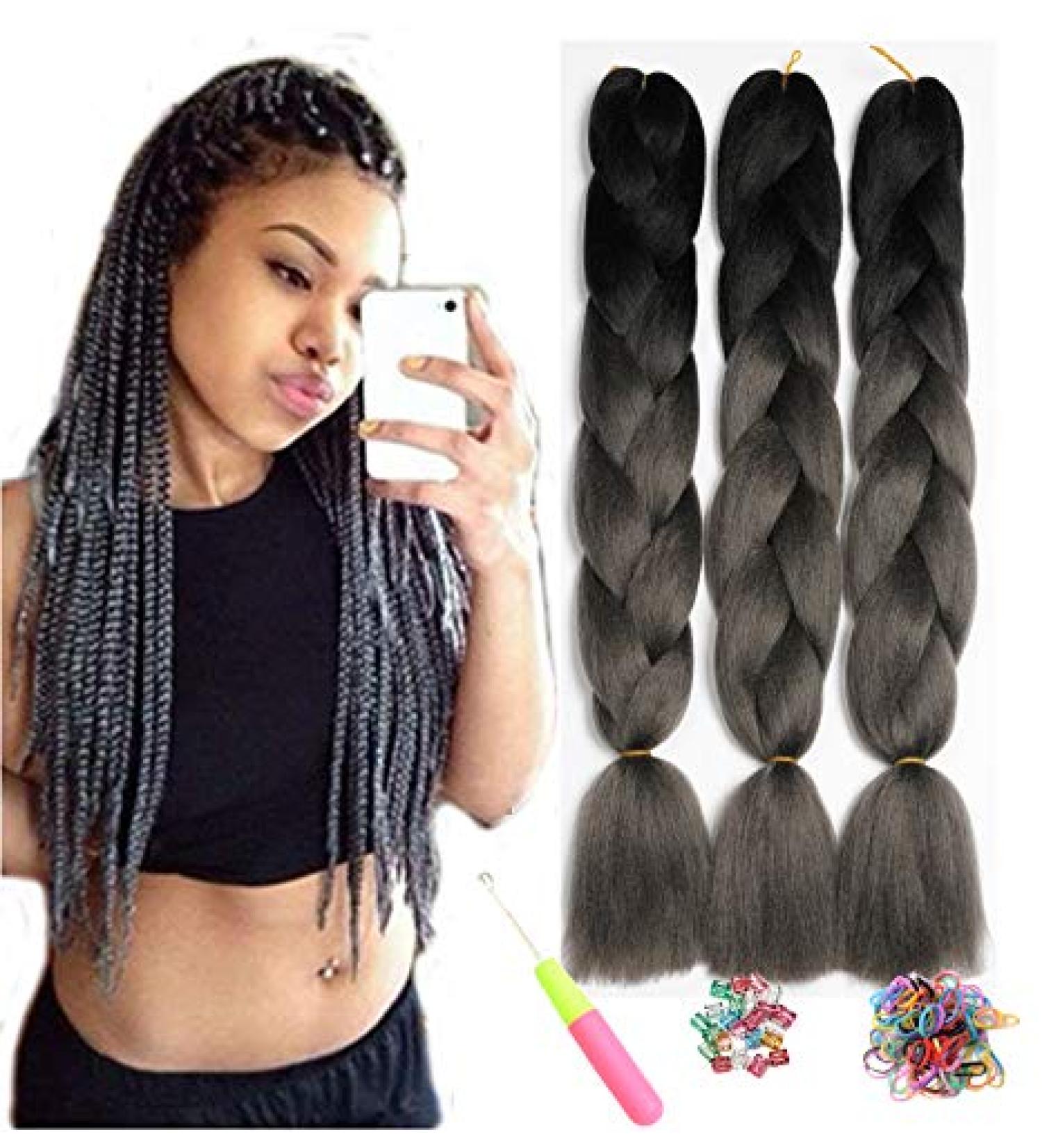 Shop Showjarlly Kanecalon Hair Braids Extensions | Ombre Jumbo Braid 24 | Black/Dark Gray - 3 Pack - Buy Online on GoSupps.com