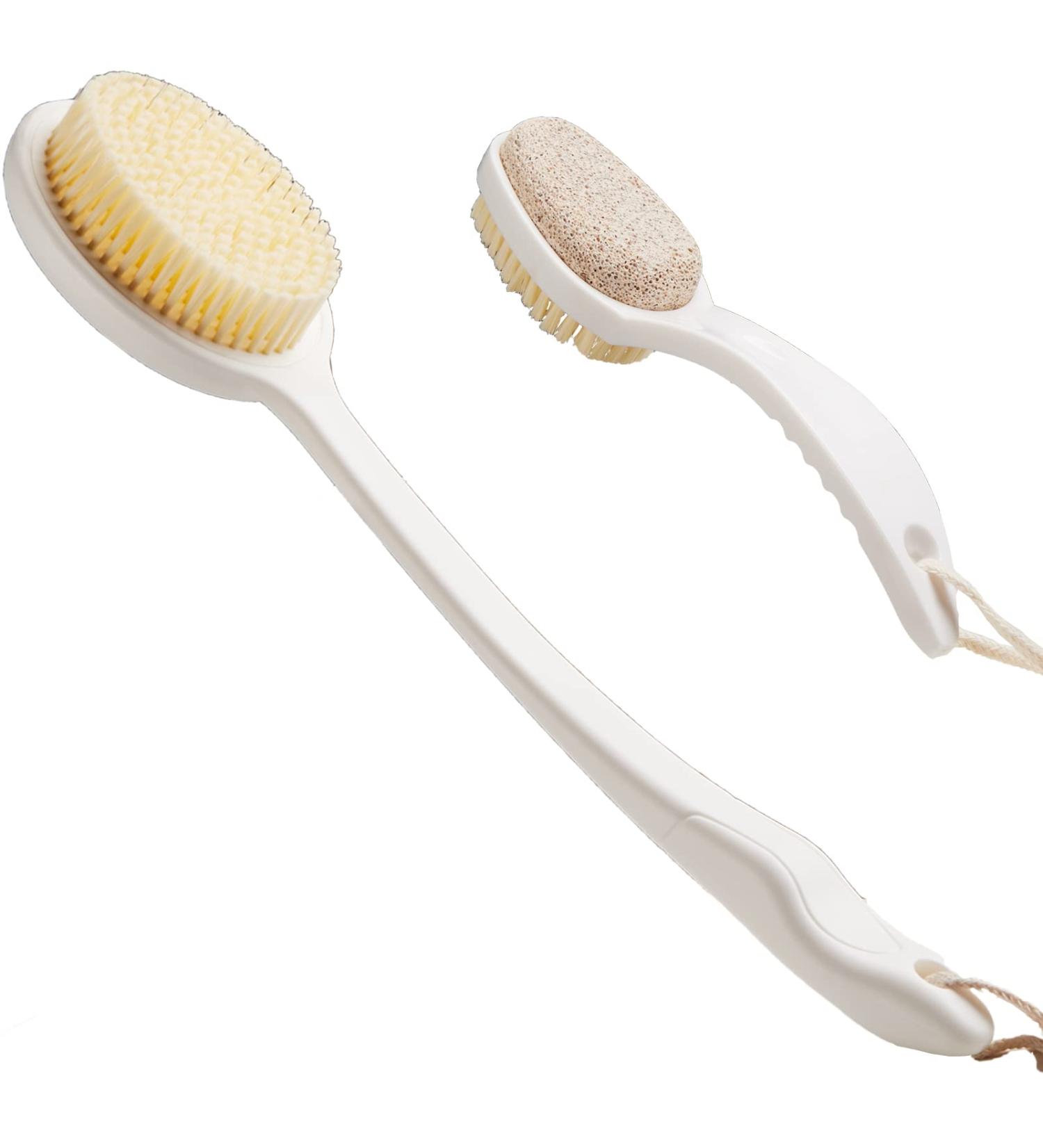 2 Pack Shower & Foot Scrubber Brush Set - Long Handle Body Exfoliator with Soft & Stiff Bristles for Wet or Dry Brushing - Includes Pedicure Tools - White - Buy Online on GoSupps.com