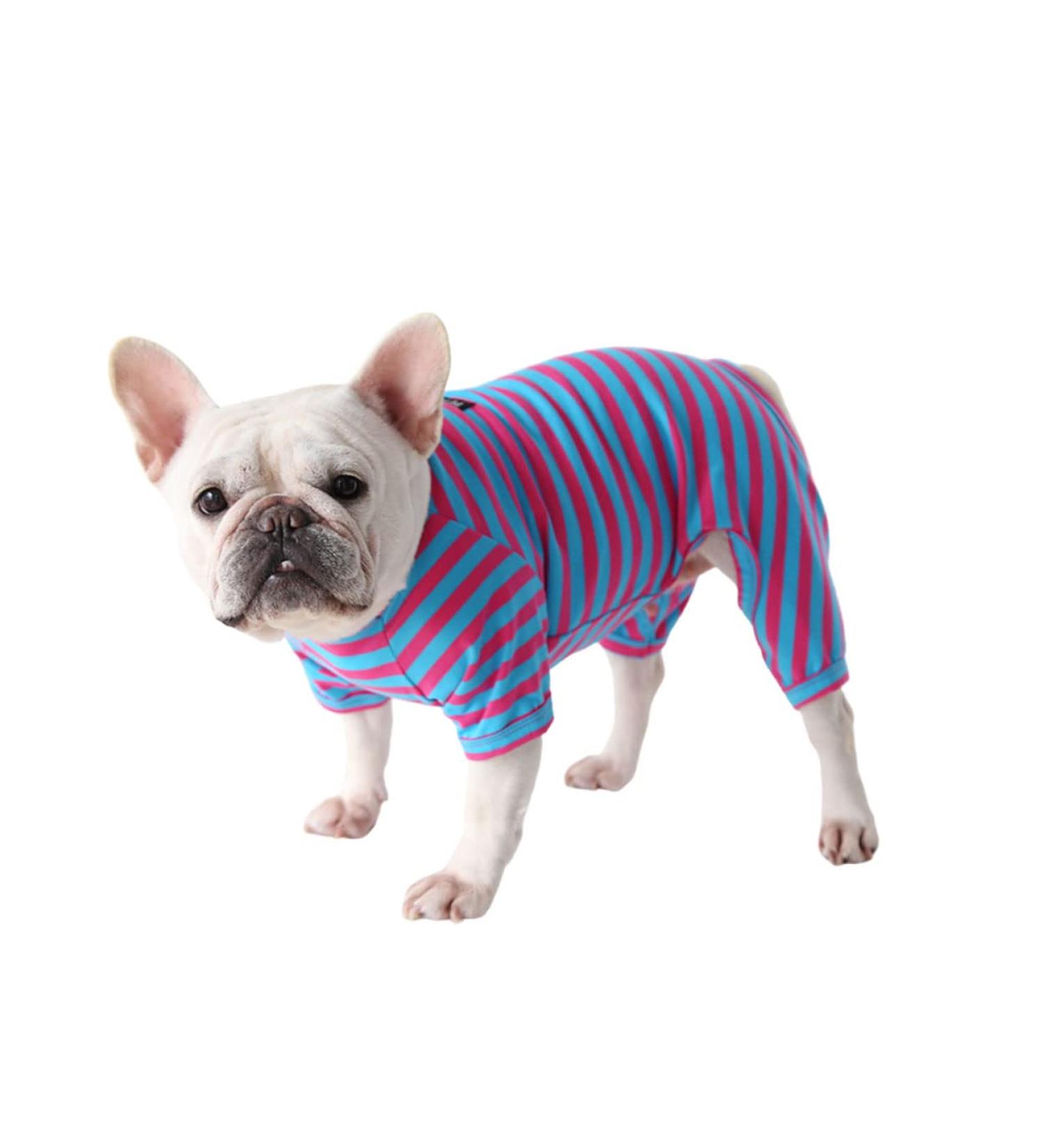 BT BEAR Dog Clothing | Classic Striped Pajamas for Bulldogs & Puppies | Soft Cotton Overalls in Blue & Hot Pink - Size L - Buy Online on GoSupps.com