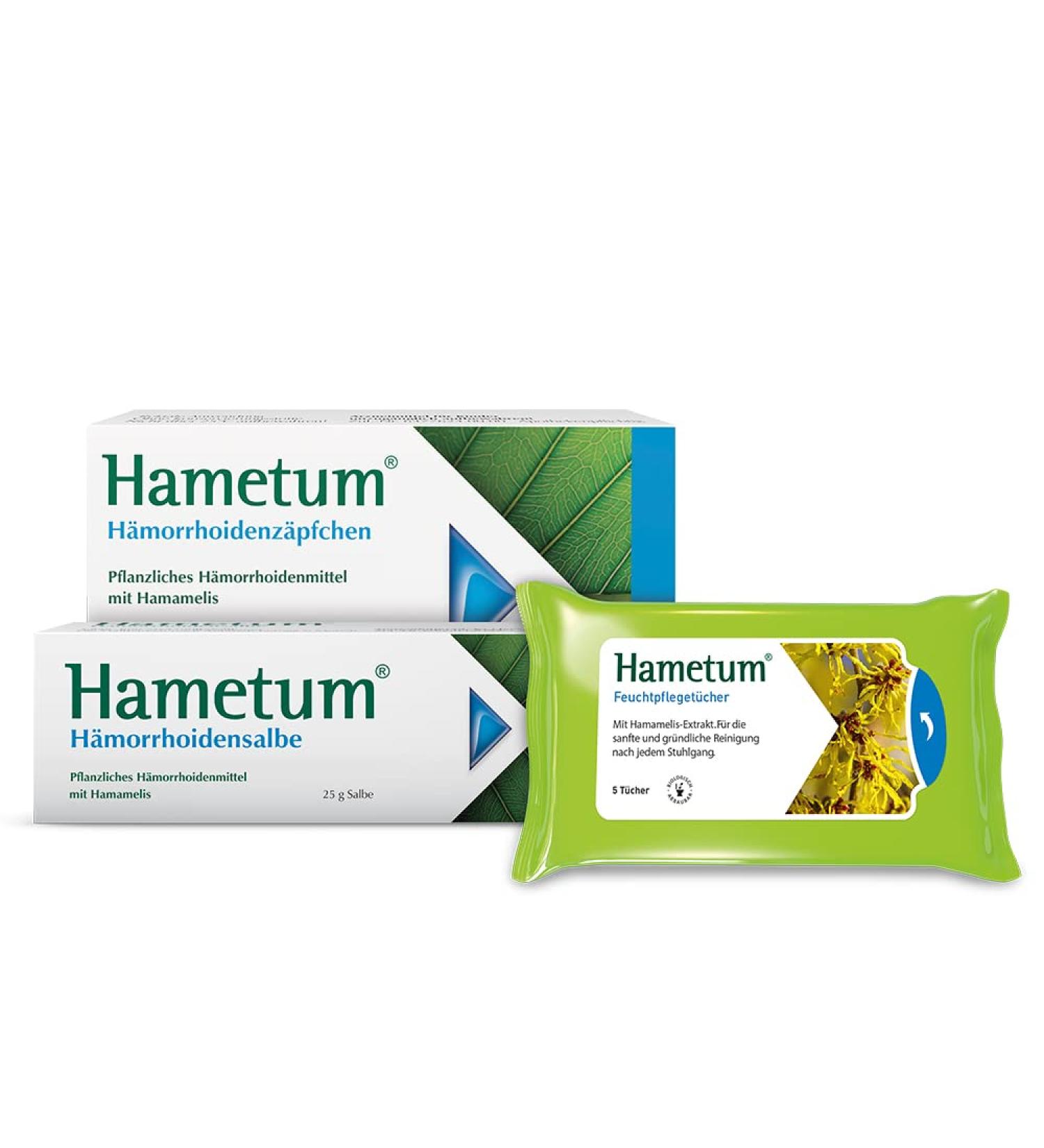 Hametum Hemorrhoids Set |25g ointment |10 suppositories and moisture care cloths |Vegetable drug with hammamelis |anti -inflammatory |relieves itching and burning |well -tolerated