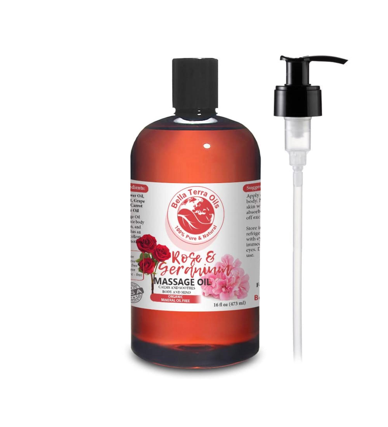 Rose & Geranium Massage Oil | 16 oz Mineral Oil-Free | Soothing Full Body Therapy - Buy Online on GoSupps.com
