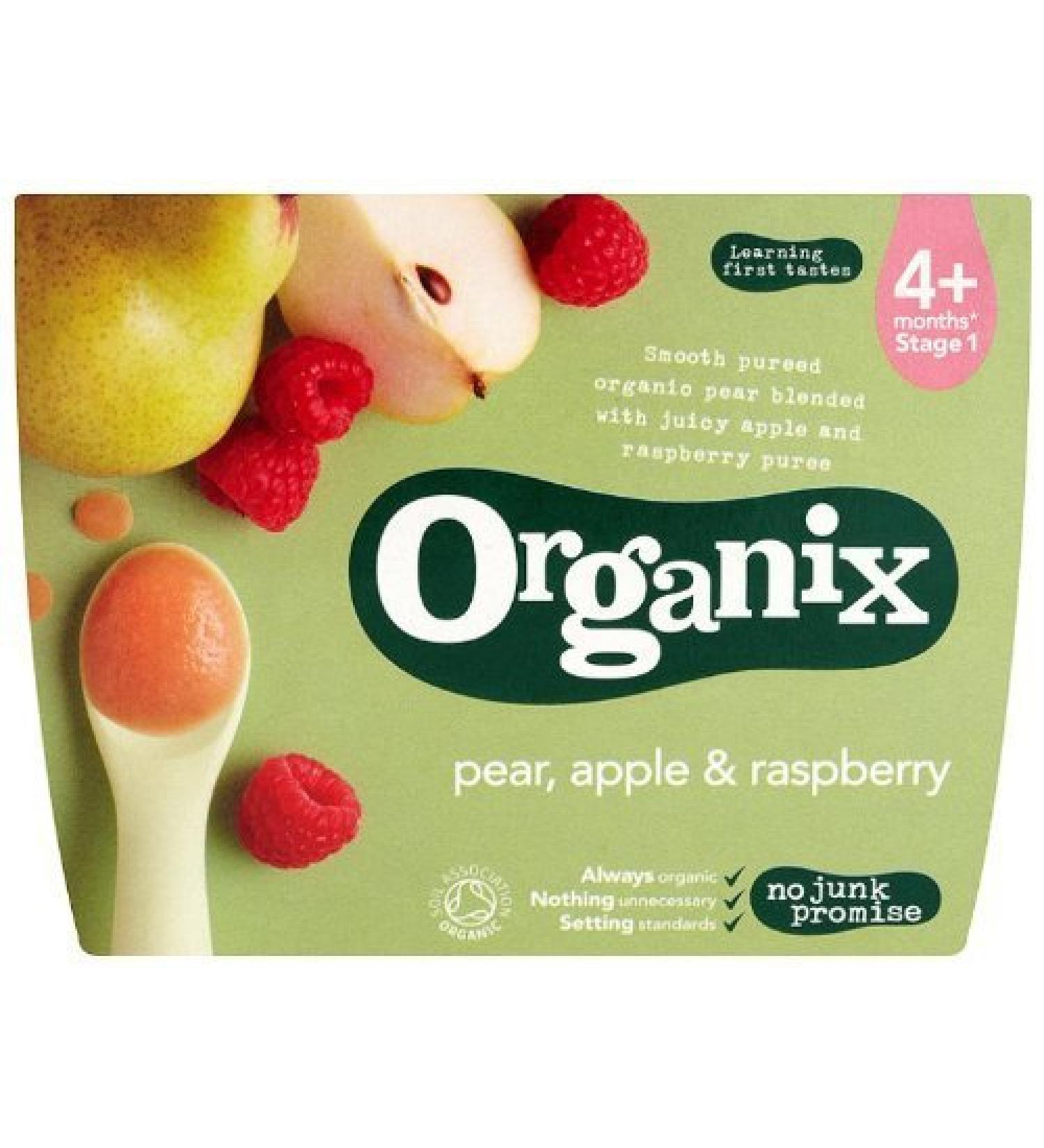 Organix Stage 1 From 4 Months Organic Fruit Pots Pear Apple and Raspberry 4 x 100 g (Pack of 6 Total 24 Pots)