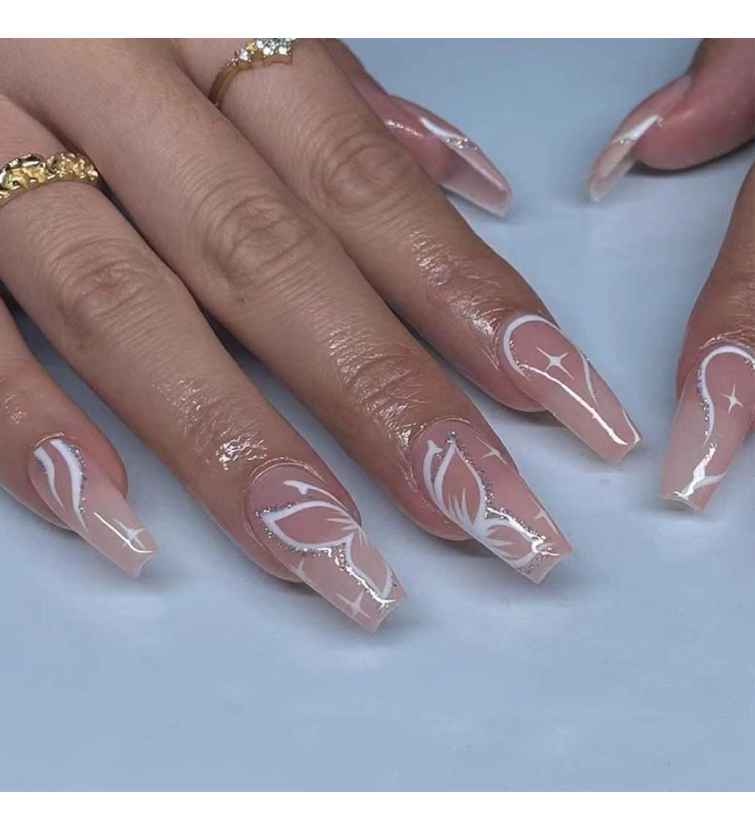 Foccna Butterfly Fake Nails Extra Long Glitter Pink Press On Nails | 24PCS Full Cover Acrylic Nail Tips for Women & Girls - Buy Online on GoSupps.com