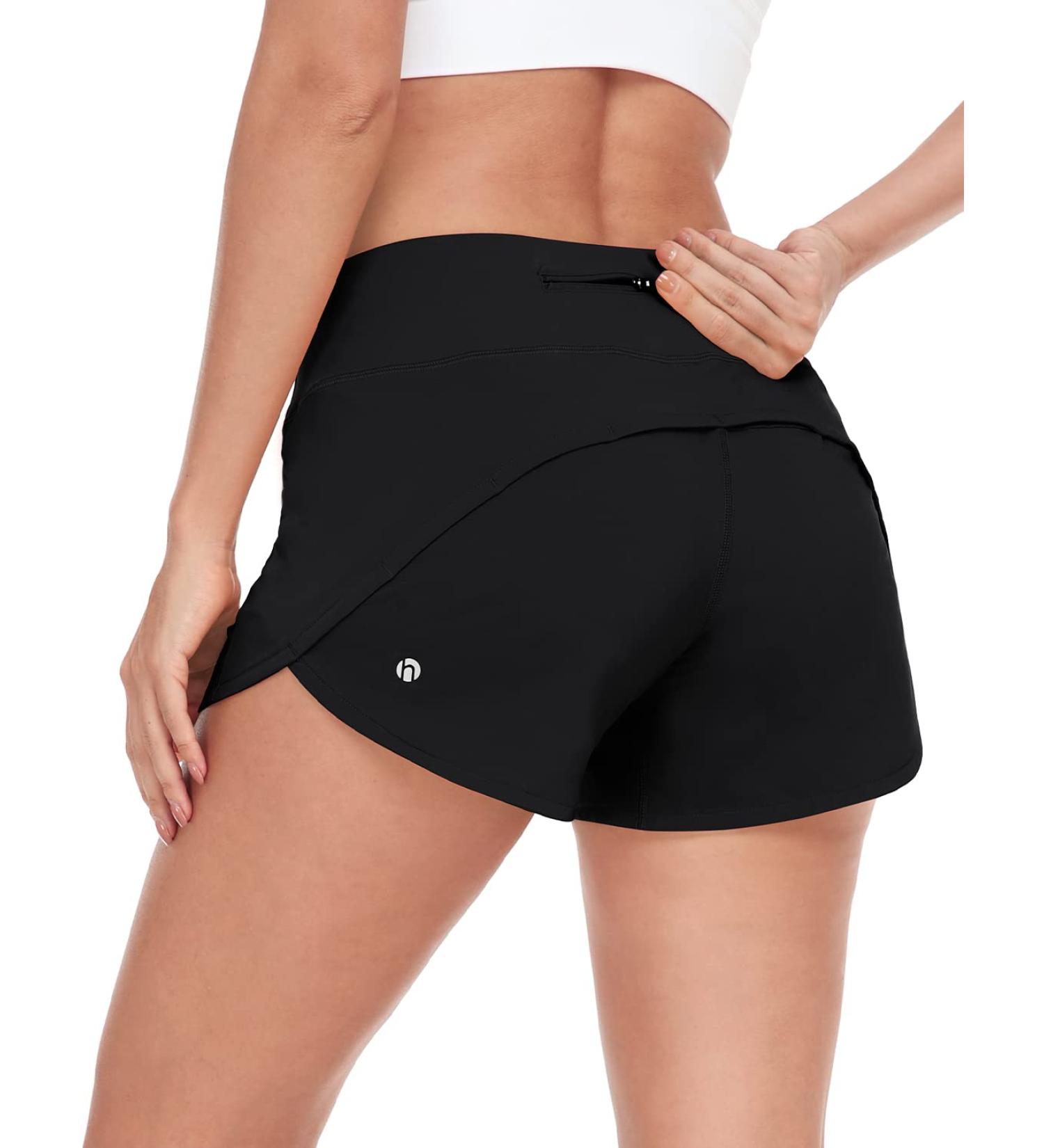 HeyNuts Women's Focus Running Shorts - Mid Waisted Athletic Shorts with Liner and Zipper Pocket - 4 Black - Buy Online on GoSupps.com