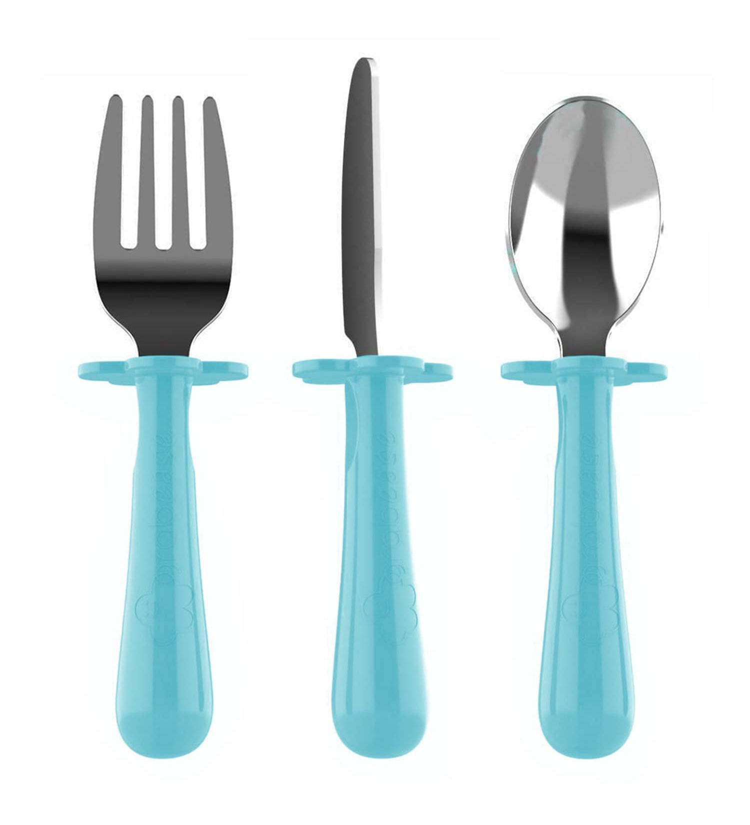 Grabease Stainless Steel Fork Knife & Spoon Set for 18m+ | Teal | Safe & Easy for Kids - Buy Online on GoSupps.com