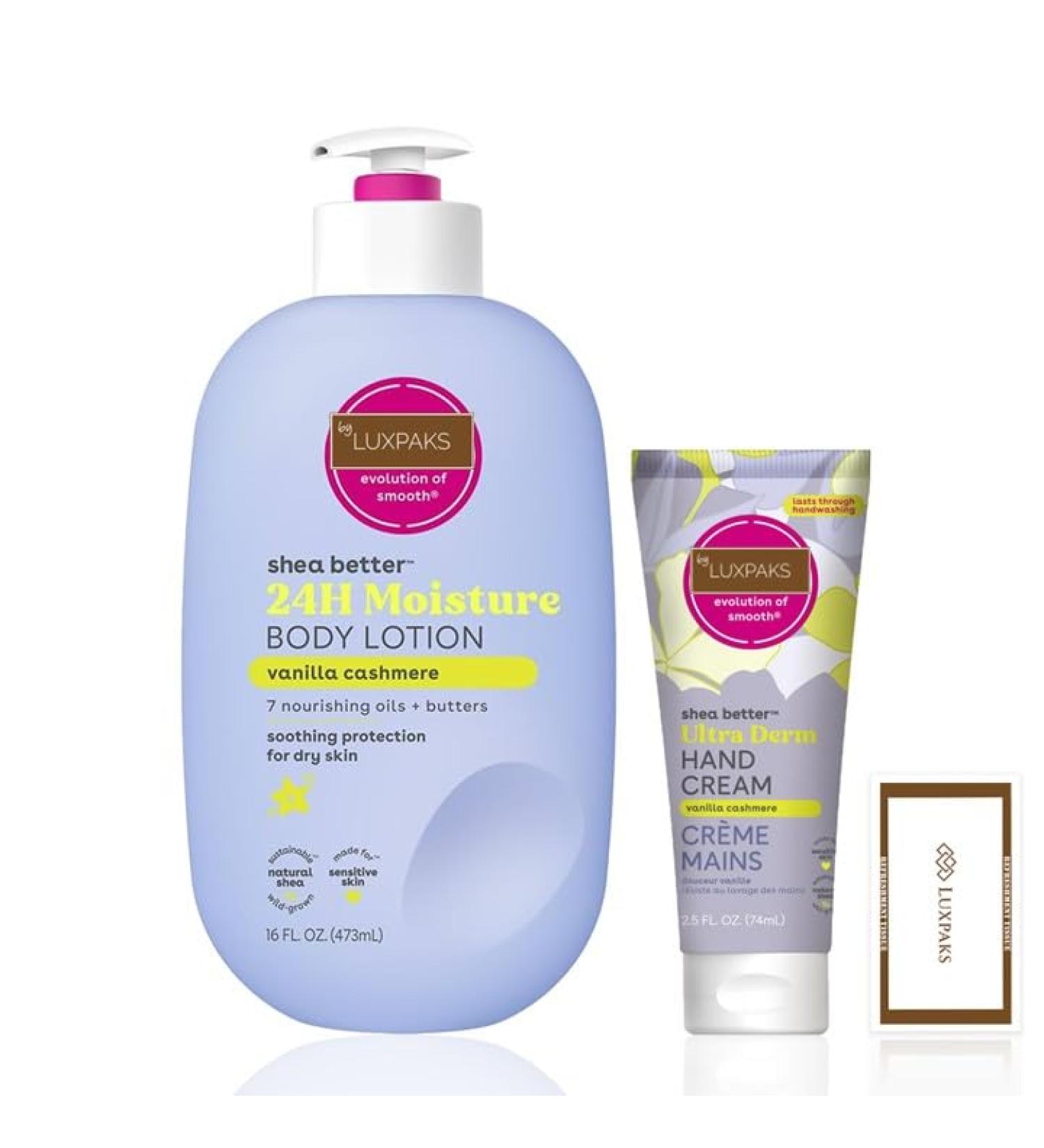 Skin care set includes EOS Vanilla Cashmere Lotion for body and hands moisturizer with shea butter with LuxPaks wipe - Buy Online on GoSupps.com
