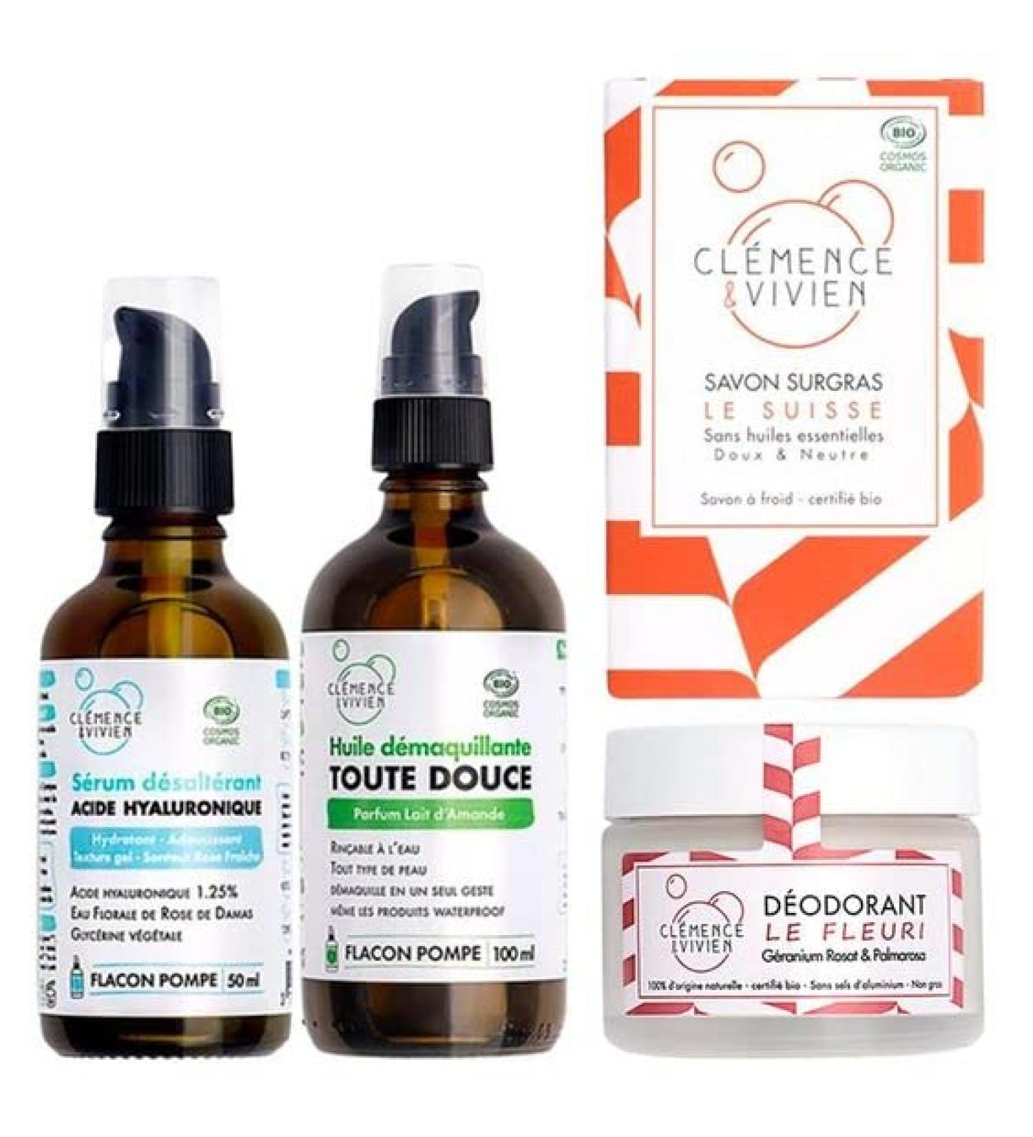 l'essentiel Cl mence & Vivien - Surgras Soap 100g - Make-Up Remover Oil 100ml - Deodorant 50ml - Serum 50ml