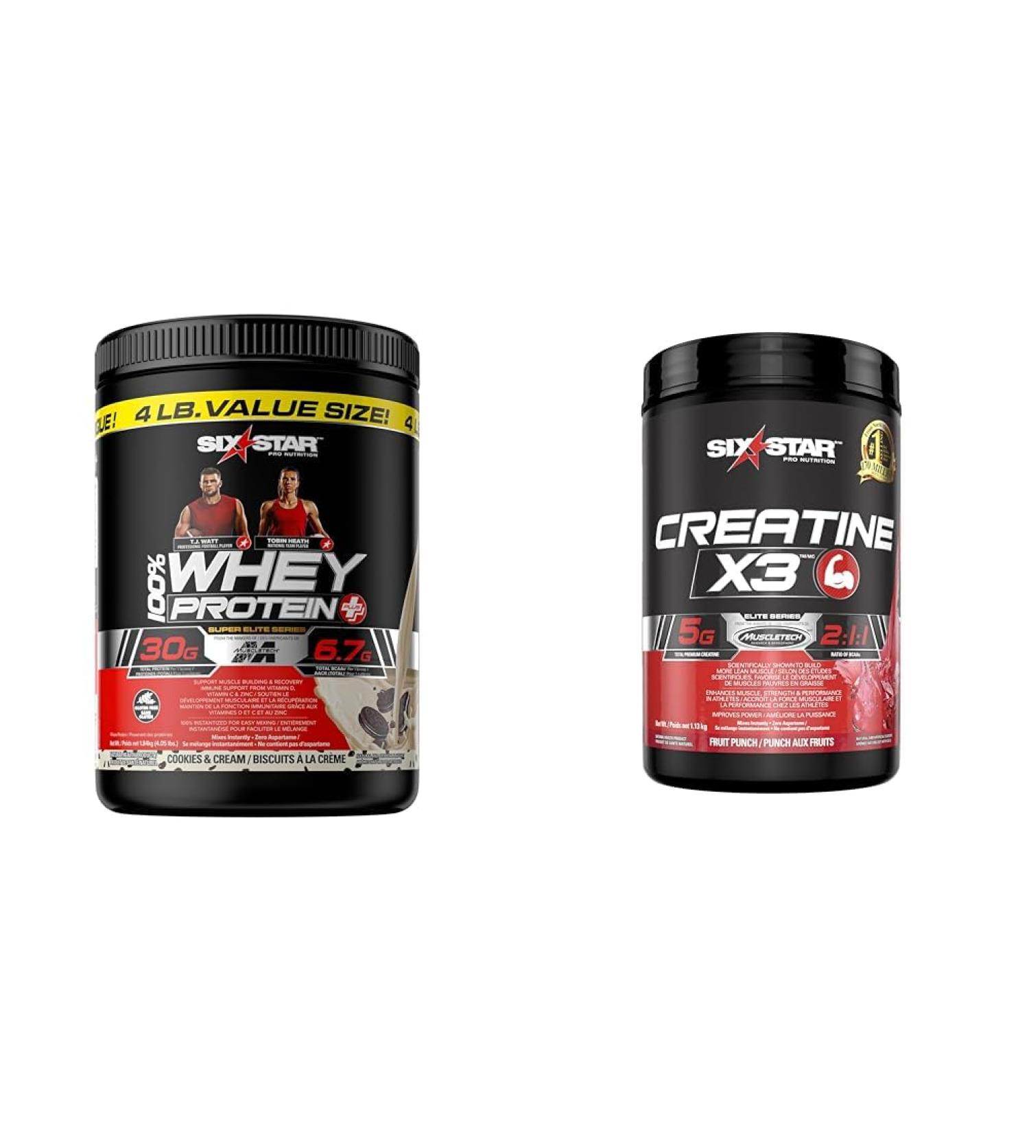 Whey Protein Powder + Creatine Monohydrate | Six Star 100% Whey Protein Plus (Cookies and Cream 4 lbs) and Creatine X3 Powder (Fruit Punch 35 Servings) Cookies & Cream 1.8 kg (Pack of 1) + Powder - Buy Online on GoSupps.com