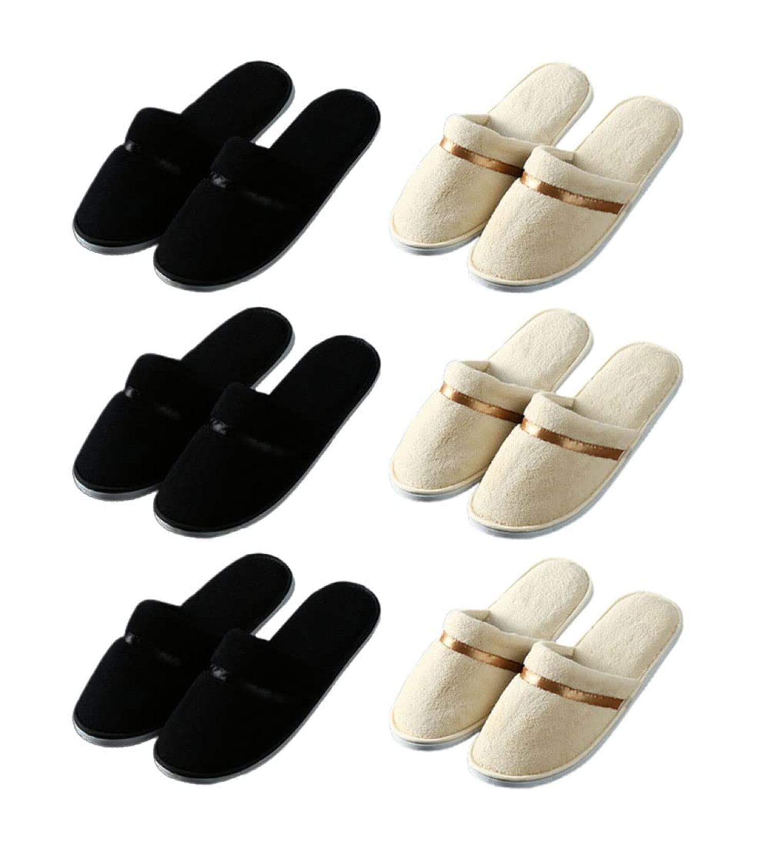 Teceyfeet 6 Pairs Disposable Hotel Slippers Set - Anti-Slip Terry Travel Shoes in Black & Beige | Perfect for Hotels & Swimming - Buy Online on GoSupps.com