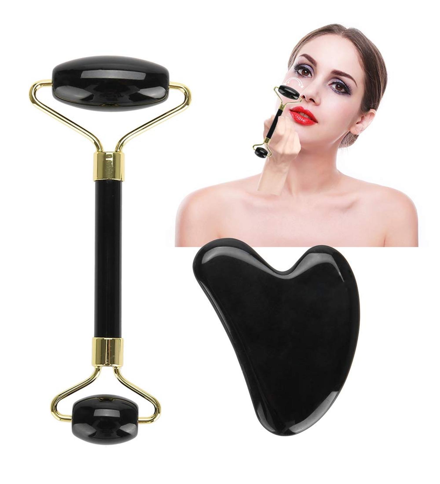Candeon Roller Massage Set 2pcs Natural Obsidian Double-End Roller & Scraping Board Kit | Perfect Massage Gift Tool for Glowing Skin - Buy Online on GoSupps.com