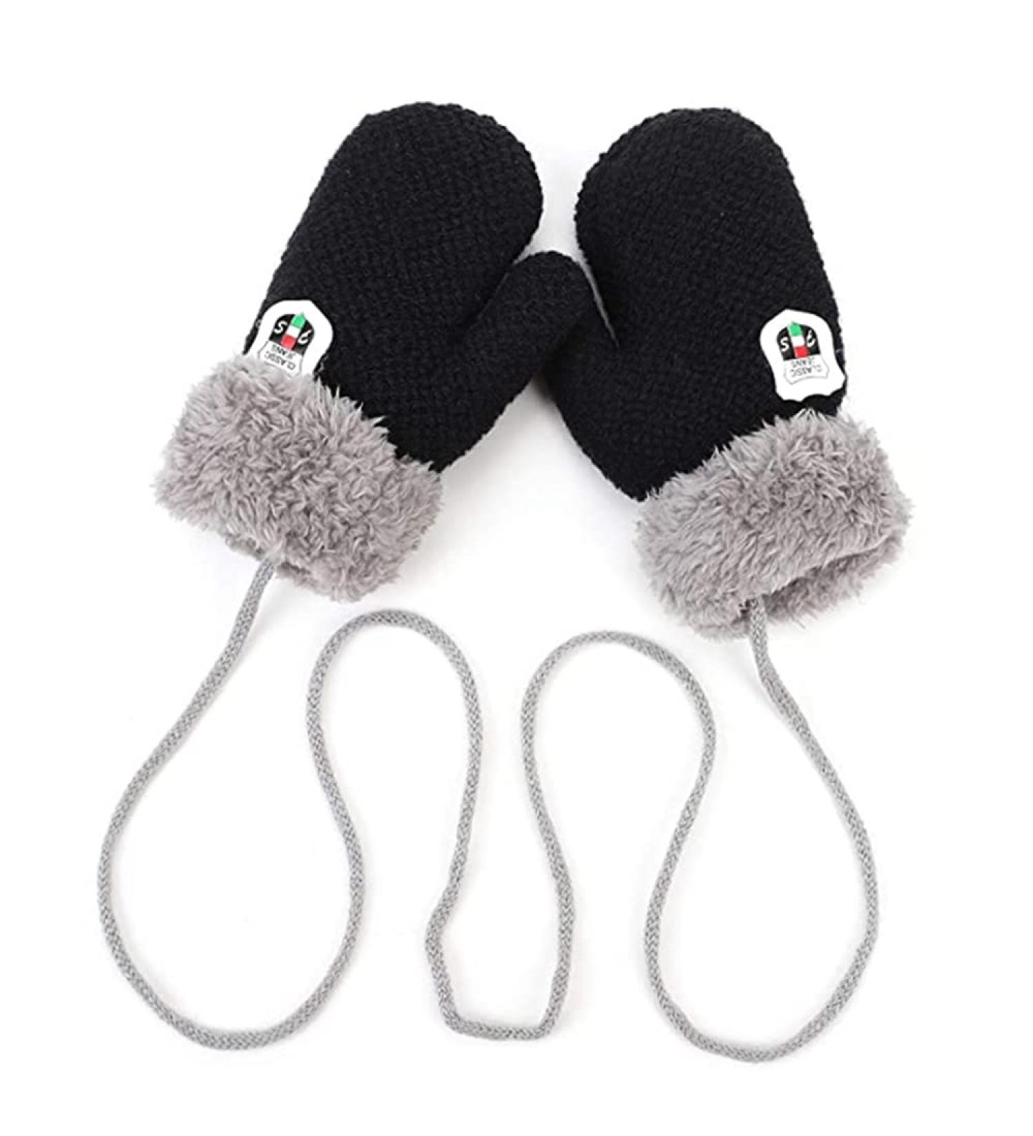 0-3Y Kids Knitted Mittens with Hanging Neck String Thicken Soft Plush Thermal Winter Warm Gloves Full Finger Cycling Biking Sports Gloves for Baby Infant Children Toddler Girls Boys Black - Buy Online on GoSupps.com