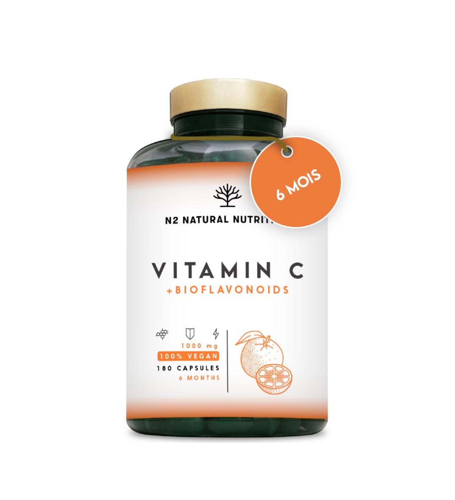 VITAMINE C 1000 mg DOSE LEV E + Bioflavono des - Vegan Puissant Vitamin C Pure - Antioxydant R duit la Fatigue Renforcement les D fenses - Acide Ascorbique 180 Capsules N2 Natural Nutrition - Buy Online on GoSupps.com