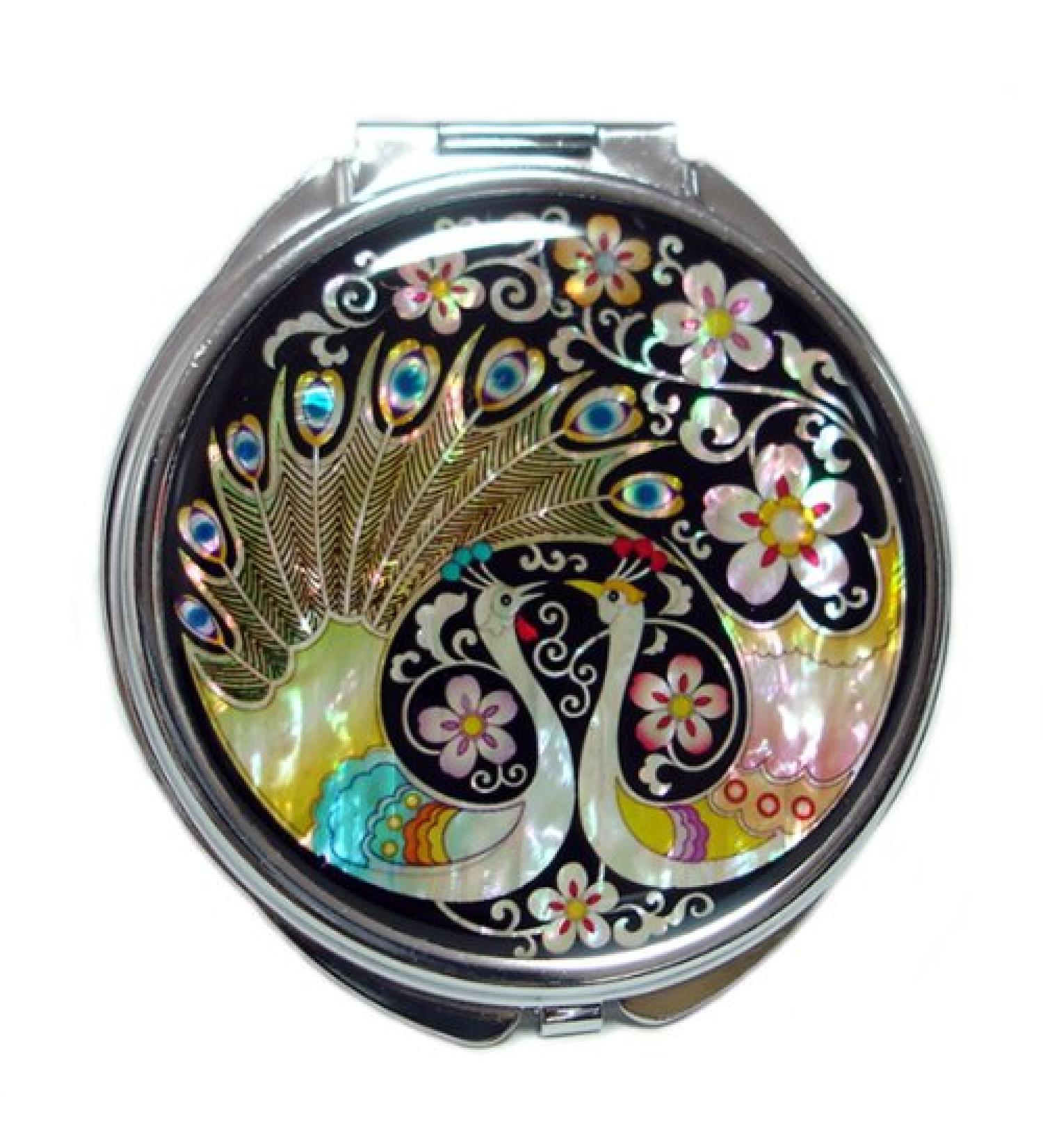 Mother of Pearl Peacock Pair and Flower Design Double Compact Magnifying Purse Mirror - Buy Online on GoSupps.com