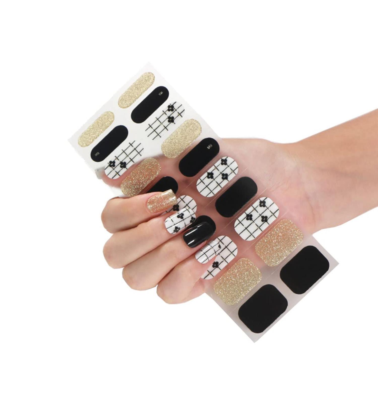 NCTCITY Gel Nail Polish Strips Stickers 20 Full Wraps Semi-Cured Nail Art Sticker Waterproof Self-Adhesive Gel Stickers Decals with Nail File for Cute Women Girls (Black White Gold) Bss-0055 - Buy Online on GoSupps.com