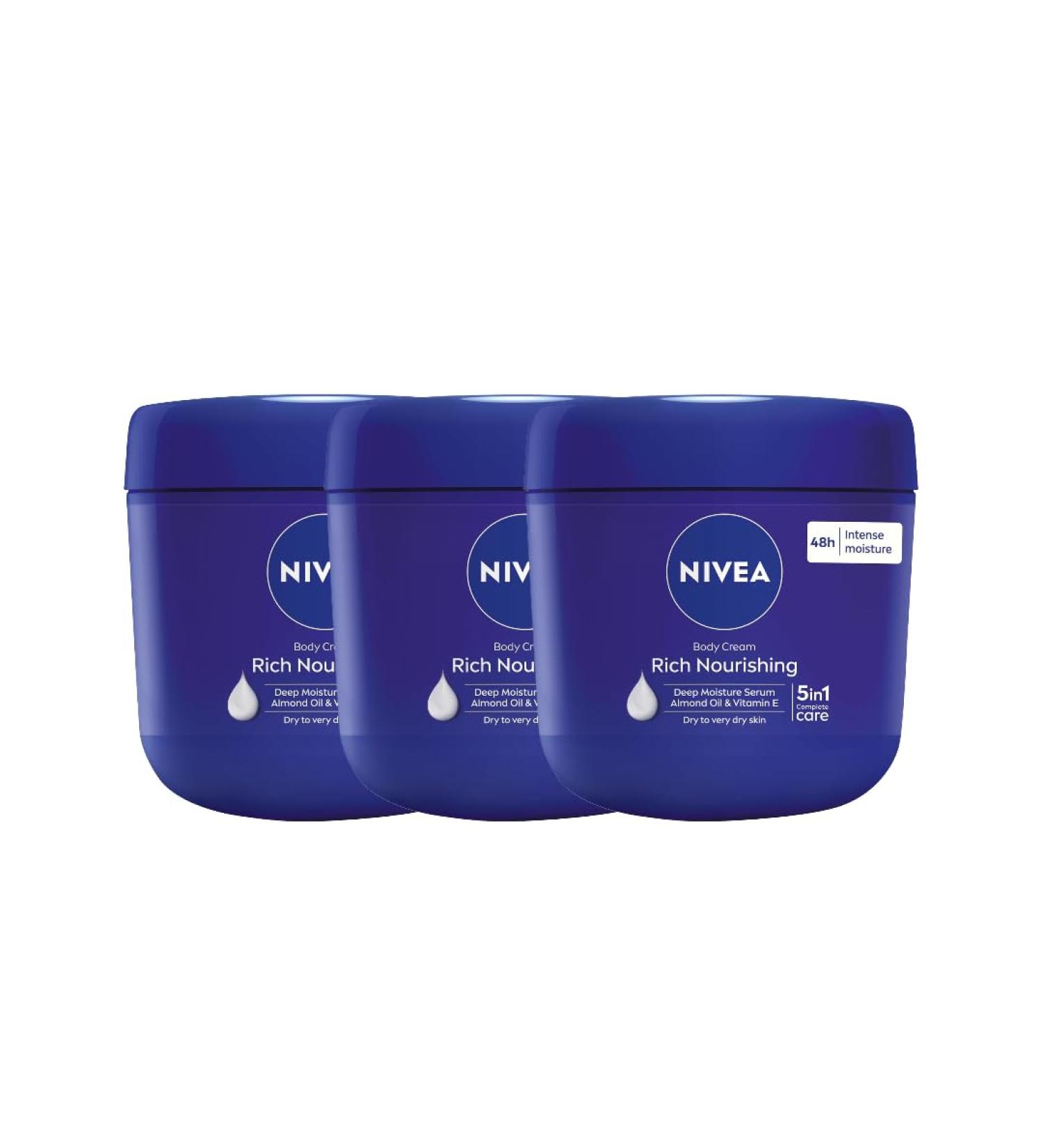 NIVEA Rich Nourishing Body Cream with Almond Oil 400ml Jar Deep Moisture for Dry to Very Dry Skin Long-Lasting Hydration Non-Greasy Formula Imported Pack of 3 - Buy Online on GoSupps.com