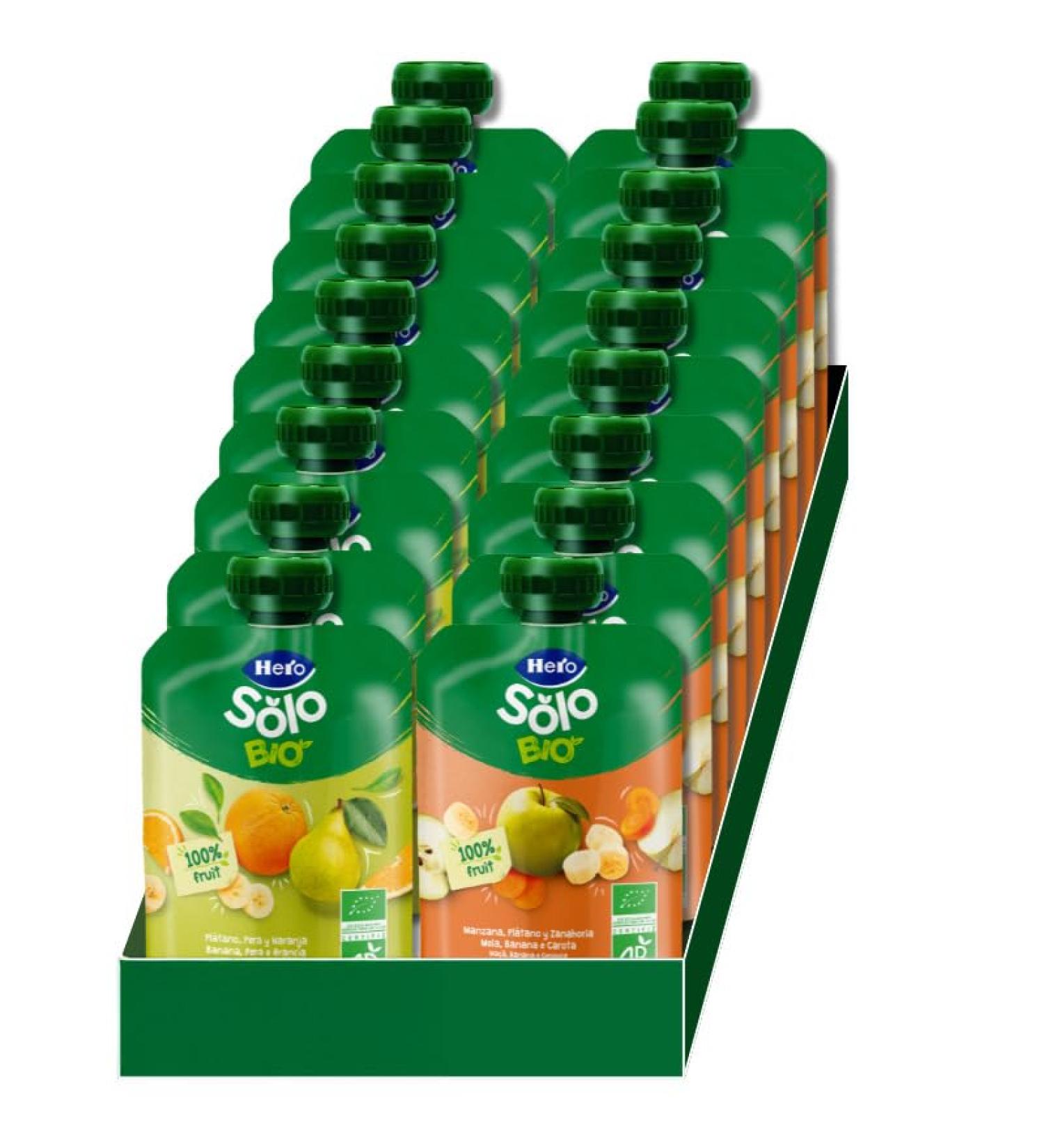 Hero Solo - Bo te Mixte de Gourdes 9 Gourdes de Pomme Banane et Carotte et 9 Gourdes de Banane Poire et Orange 100% BIO Origine Naturalle Produit cologique - Pack de 18x100g