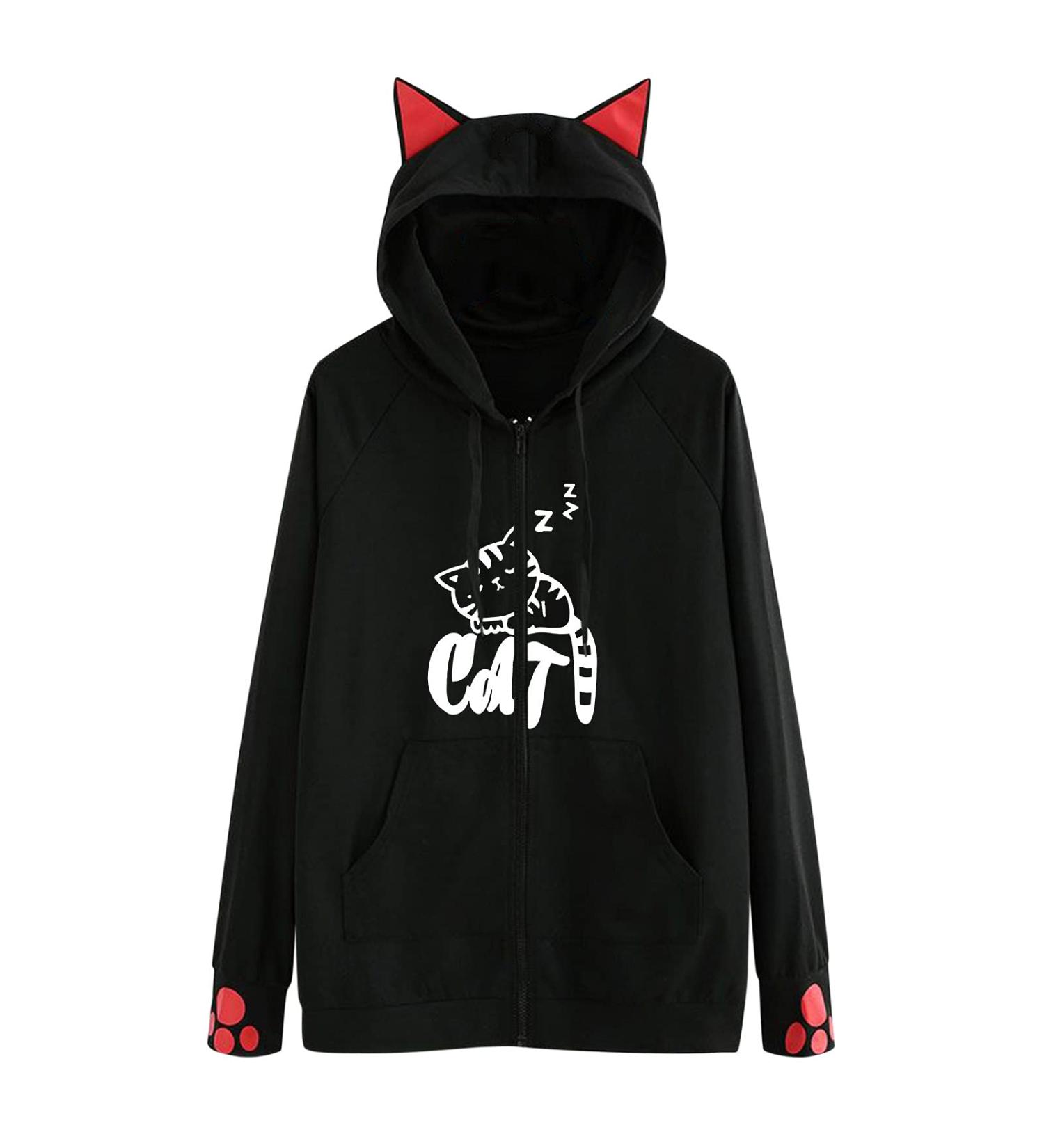 Cute Cat Ear Novelty Printed Hoodie for Women - Fashionable Pullover Sweatshirt - Buy Online on GoSupps.com