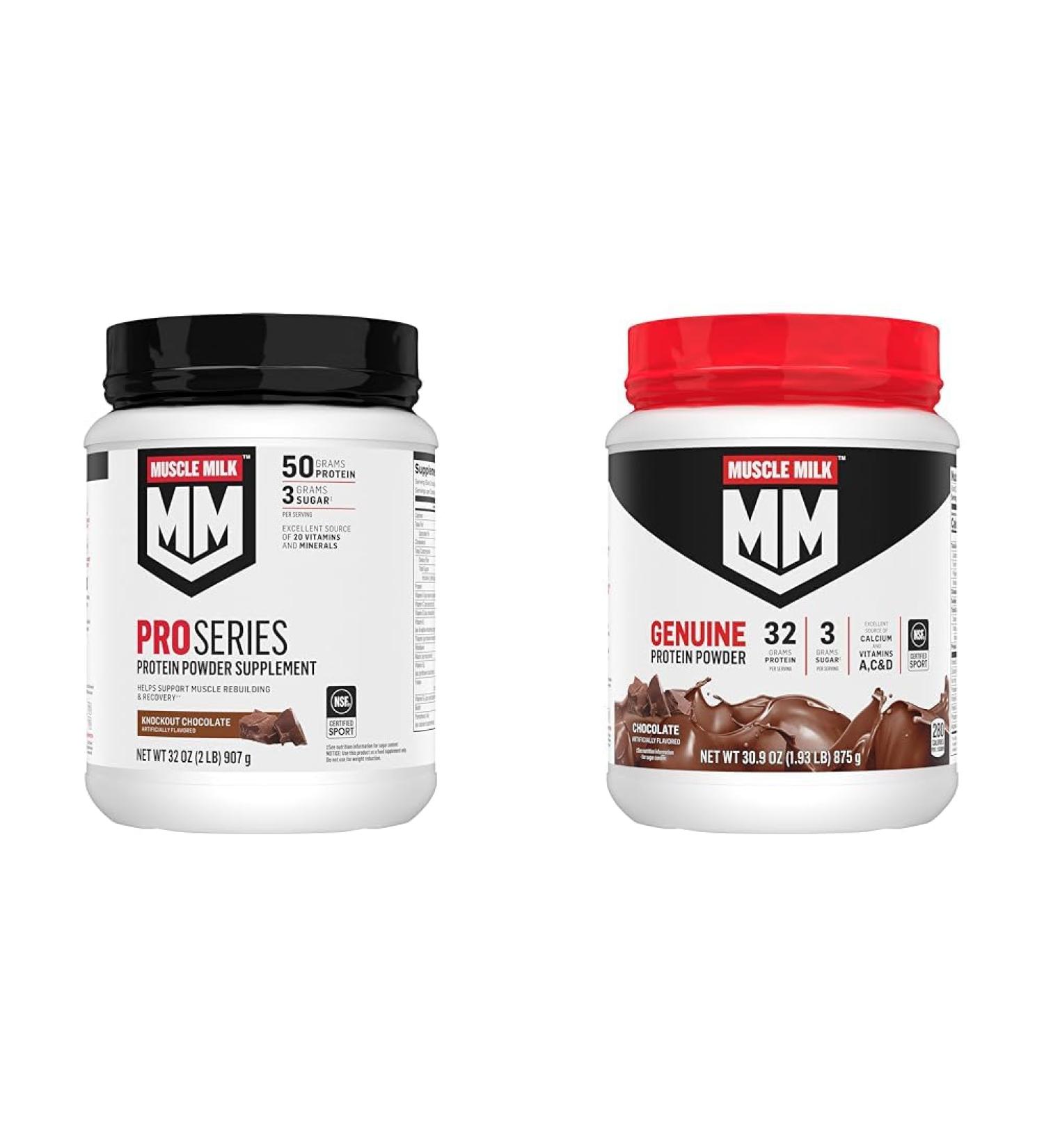 Muscle Milk Pro Series Protein Powder Supplement Knockout Chocolate 2 Pound 11 Servings 50g Protein & Genuine Protein Powder Chocolate 1.93 Pounds 12 Servings 32g Protein 3g Sugar - Buy Online on GoSupps.com