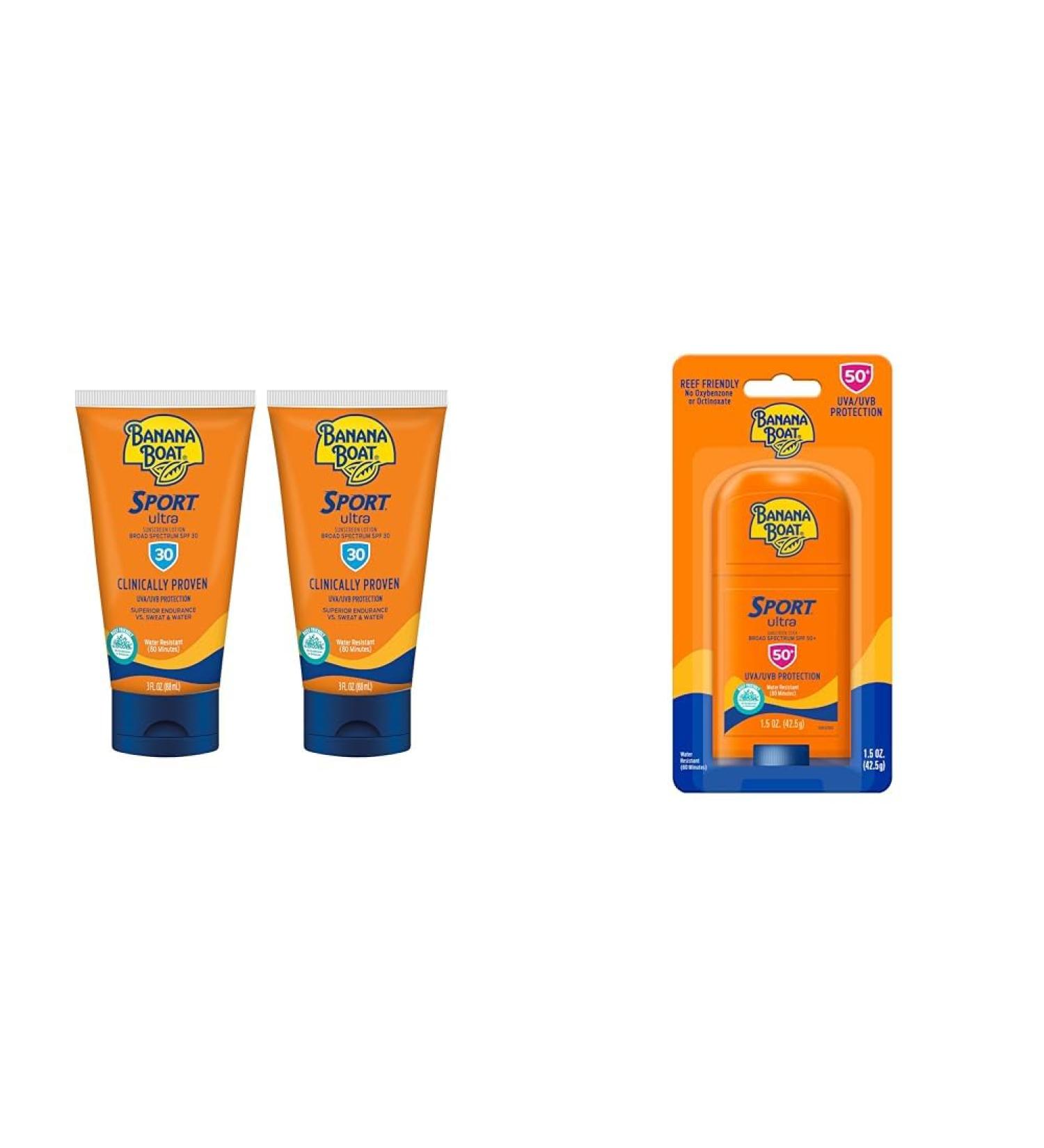 Banana Boat Sport Ultra Sunscreen Lotion SPF 30 Twin 3oz Pack and Sport Ultra Reef Friendly Sunscreen Stick SPF 50 1.5oz - Buy Online on GoSupps.com