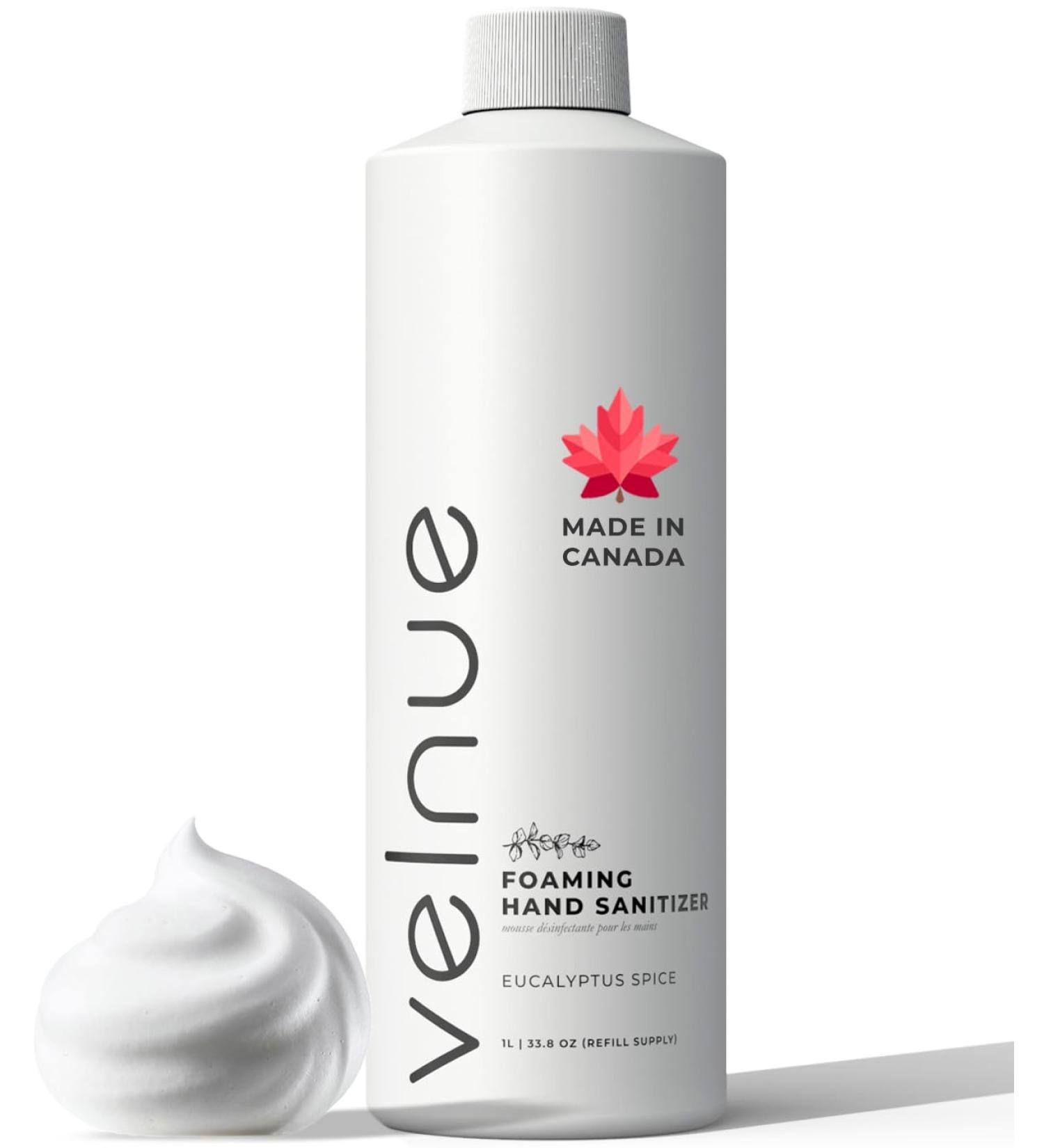 VELNUE Foaming Hand Sanitizer Refill Supply | Made in Canada with Moisturizing Aloe 70% Ethyl Alcohol Vitamin E and Essential Oils | 1L Eucalyptus Spice - Single Bottle Eucalyptus Spice Single Bottle - Buy Online on GoSupps.com