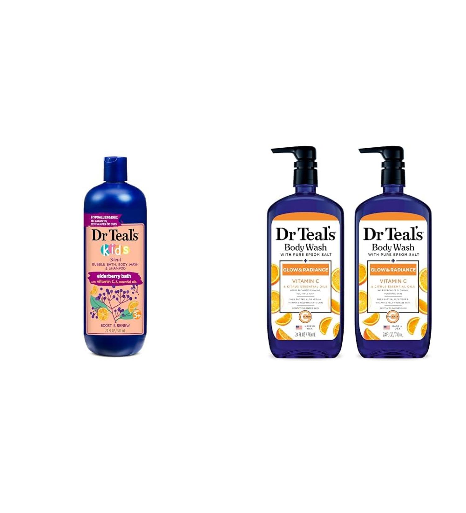 Dr Teal's Kids 3-in-1 Elderberry Bath: Bubble Bath Body Wash & Shampoo 20 fl oz. & Body Wash with Pure Epsom Salt Glow & Radiance with Vitamin C & Citrus Essential Oils - Buy Online on GoSupps.com