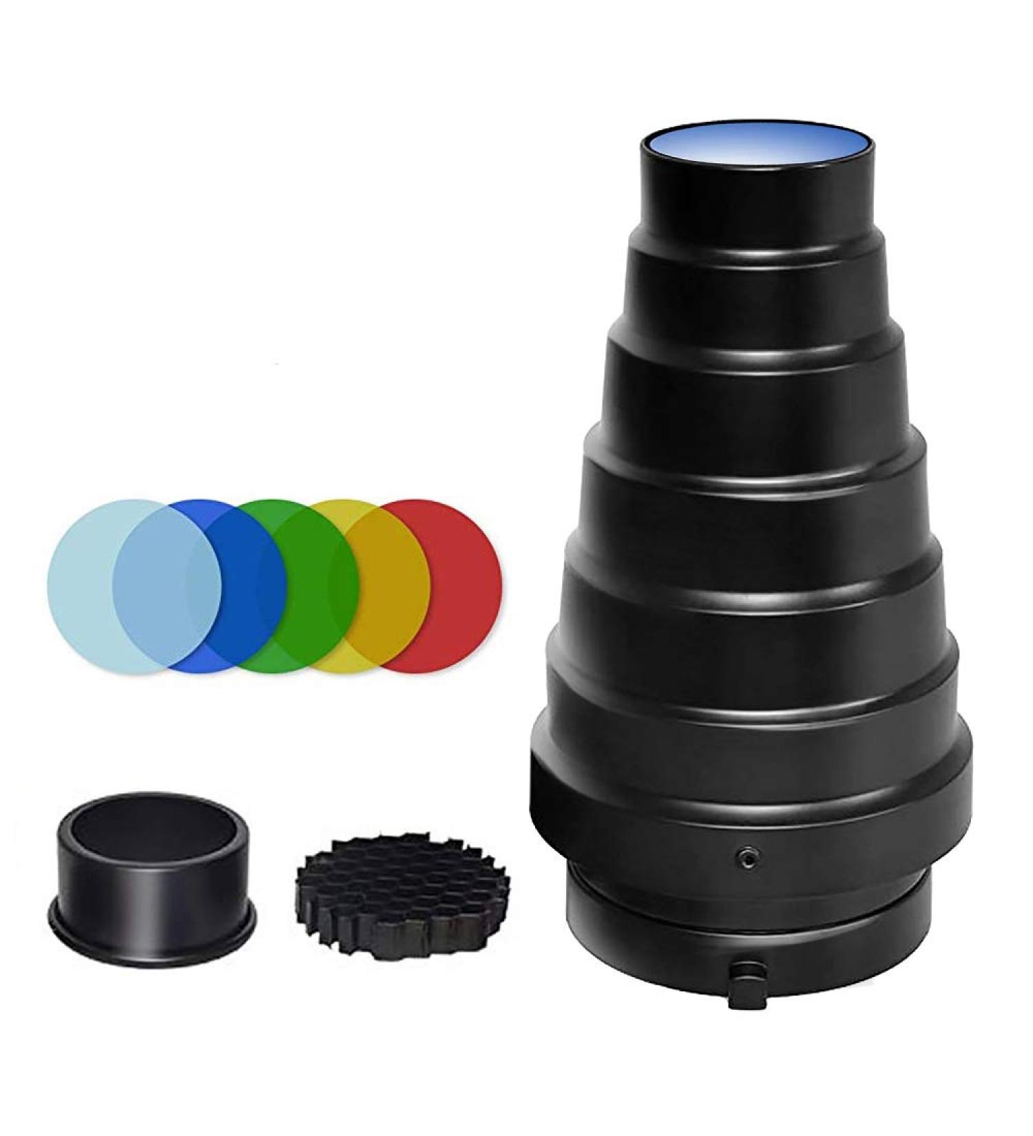 Aluminium Conical Snoot Kit for Bowens Mount Strobe Flash - Honeycomb Grid & Color Filters - Buy Online on GoSupps.com