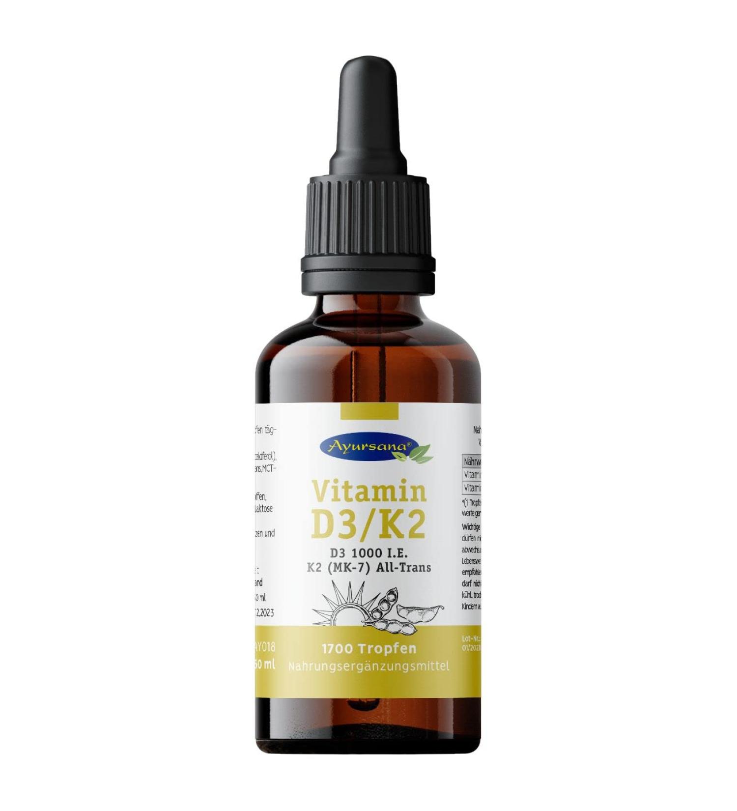 Ayursana Vitamin D3-K2 Drops - 1000 IU D3 & 20 mcg MK-7 K2 - Vegan - 50 ml - Supports Immune & Bone Health - Buy Online on GoSupps.com
