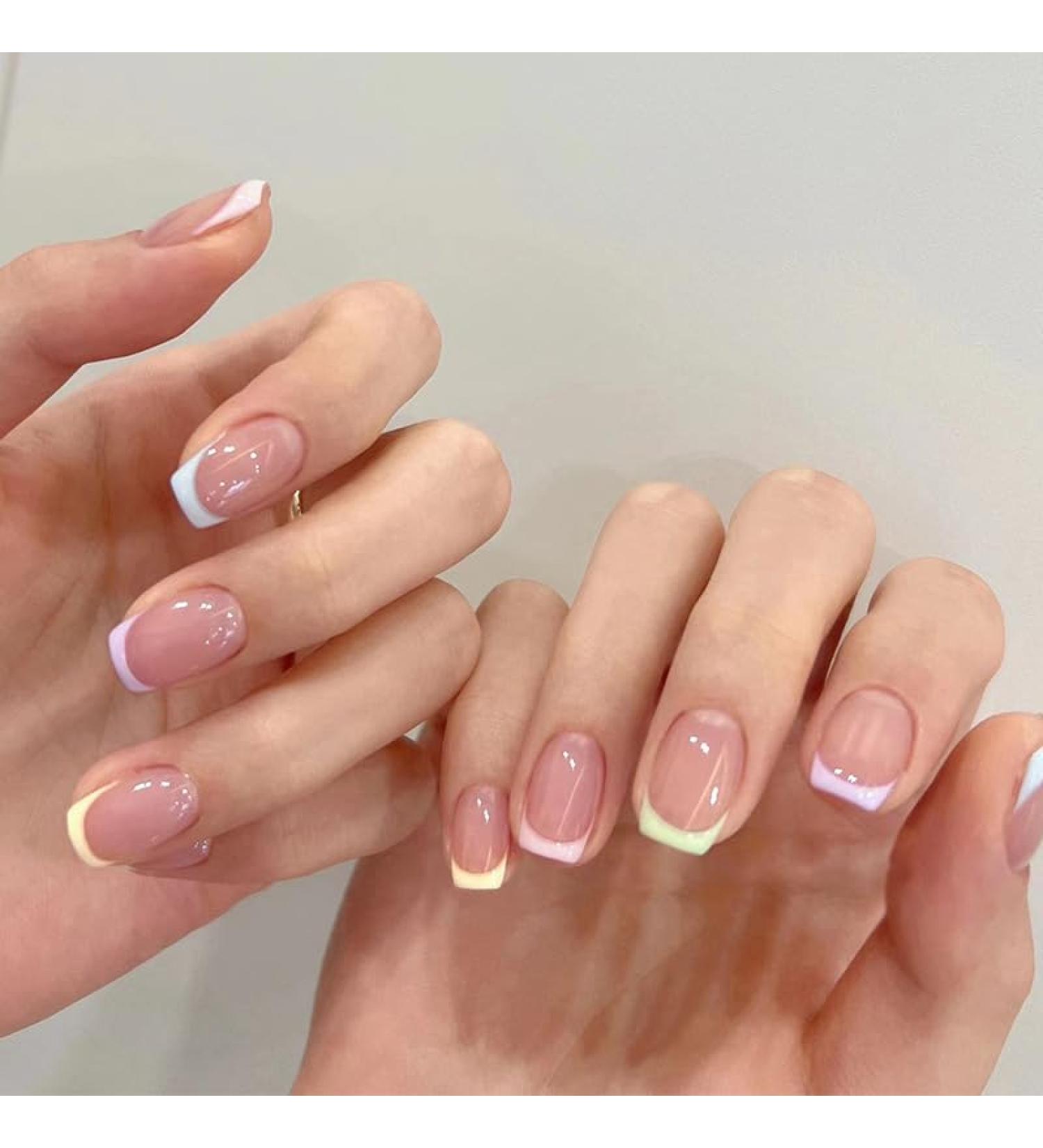 Mouyouglow Short Square Nude French Tip Press-On Nails | Colorful Full Cover Artificial Nails with Glue | Angular Skin Color Rainbow Acrylic Fingernails E26 - Buy Online on GoSupps.com