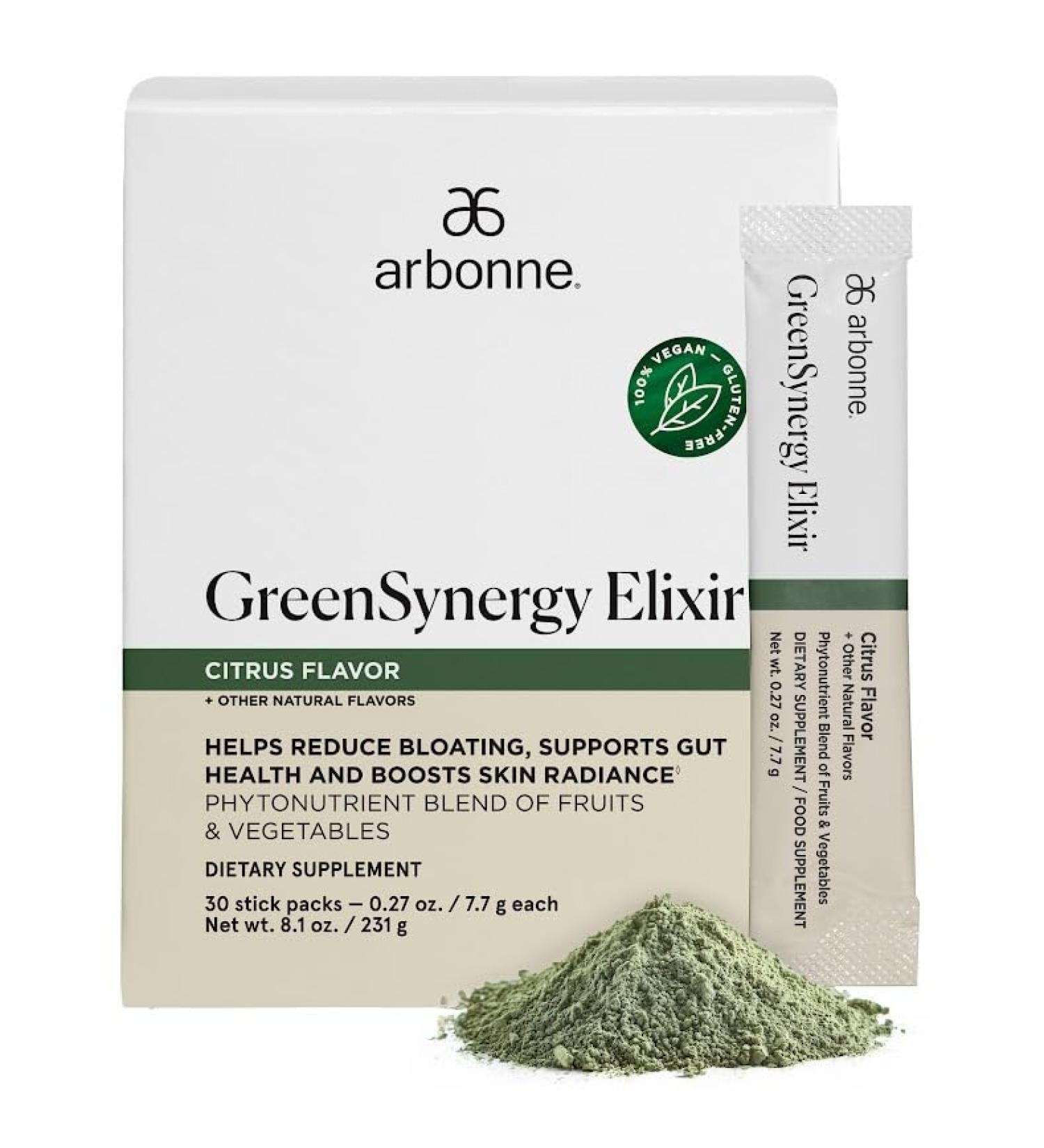 Arbonne GreenSynergy Elixir Citrus-Flavored Greens Powder with 13 Digestive Enzymes Vegan Collagen Builder Probiotics and Prebiotics Supports Gut Health and Digestion 30 Stick Packs - Buy Online on GoSupps.com