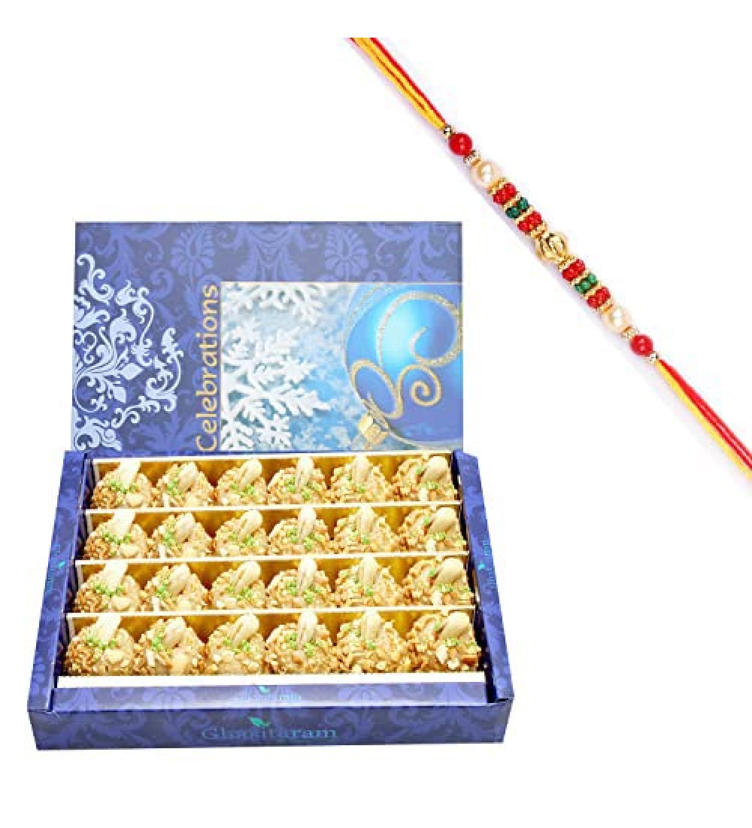 Ghasitaram Gifts Rakhi Gifts for Brothers Sugarfree Roasted Kaju Laddoo (800 GMS) with Beads Rakhi - Buy Online on GoSupps.com