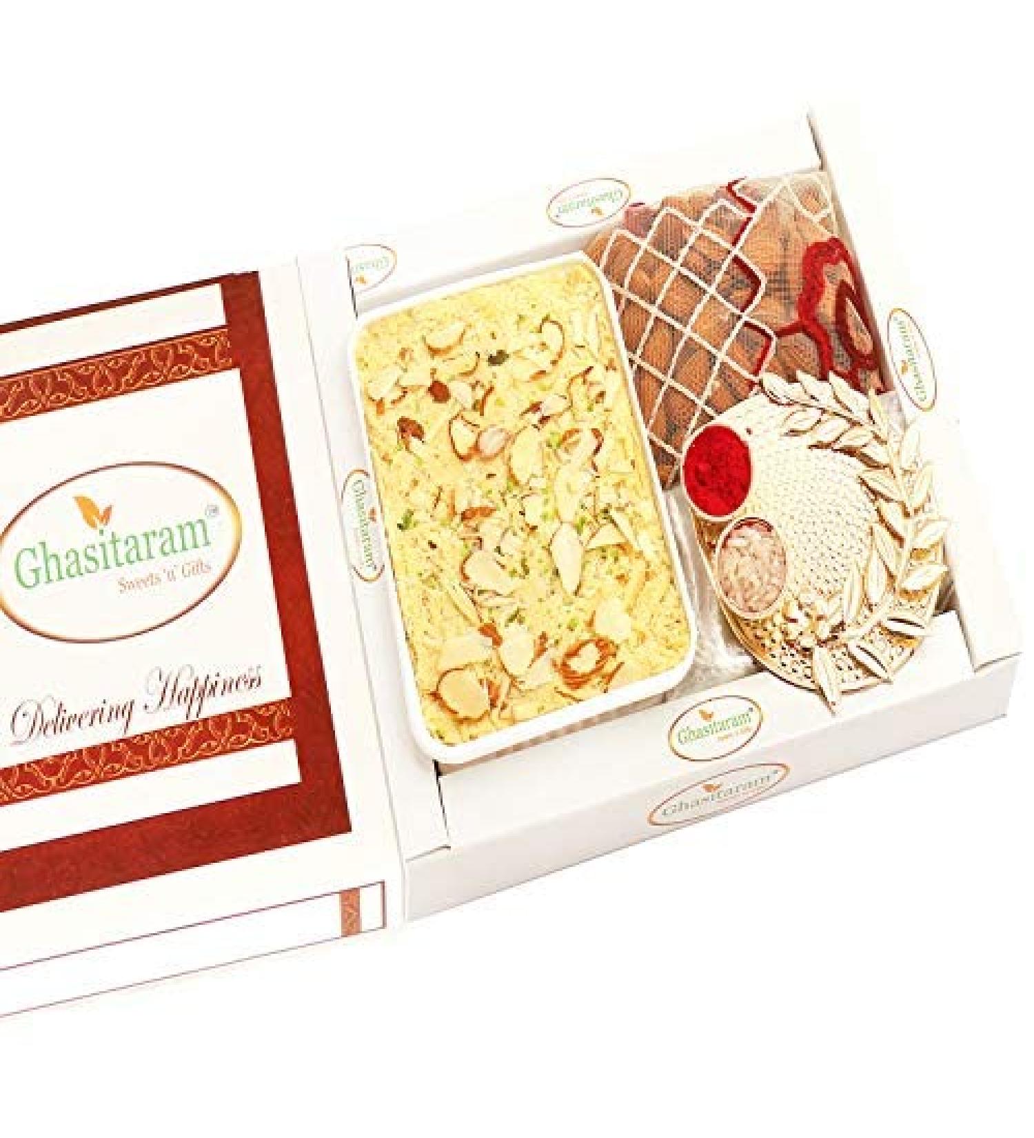 Ghasitaram Gifts Bhaidooj Gifts Bhaidooj Sweet - Soan Papdi Pooja Thali and Almonds Pouch - Buy Online on GoSupps.com