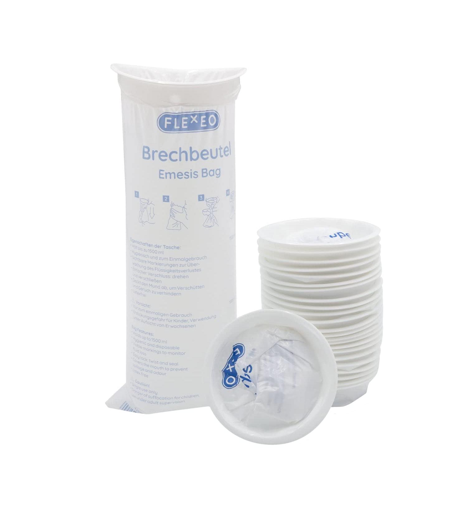 Flexeo Spitting Bags (25 Pack) - 1500ml Capacity | Durable Brecht Bags for Kids & Adults | Ideal for Nausea & Vomiting | Travel Essential - Buy Online on GoSupps.com