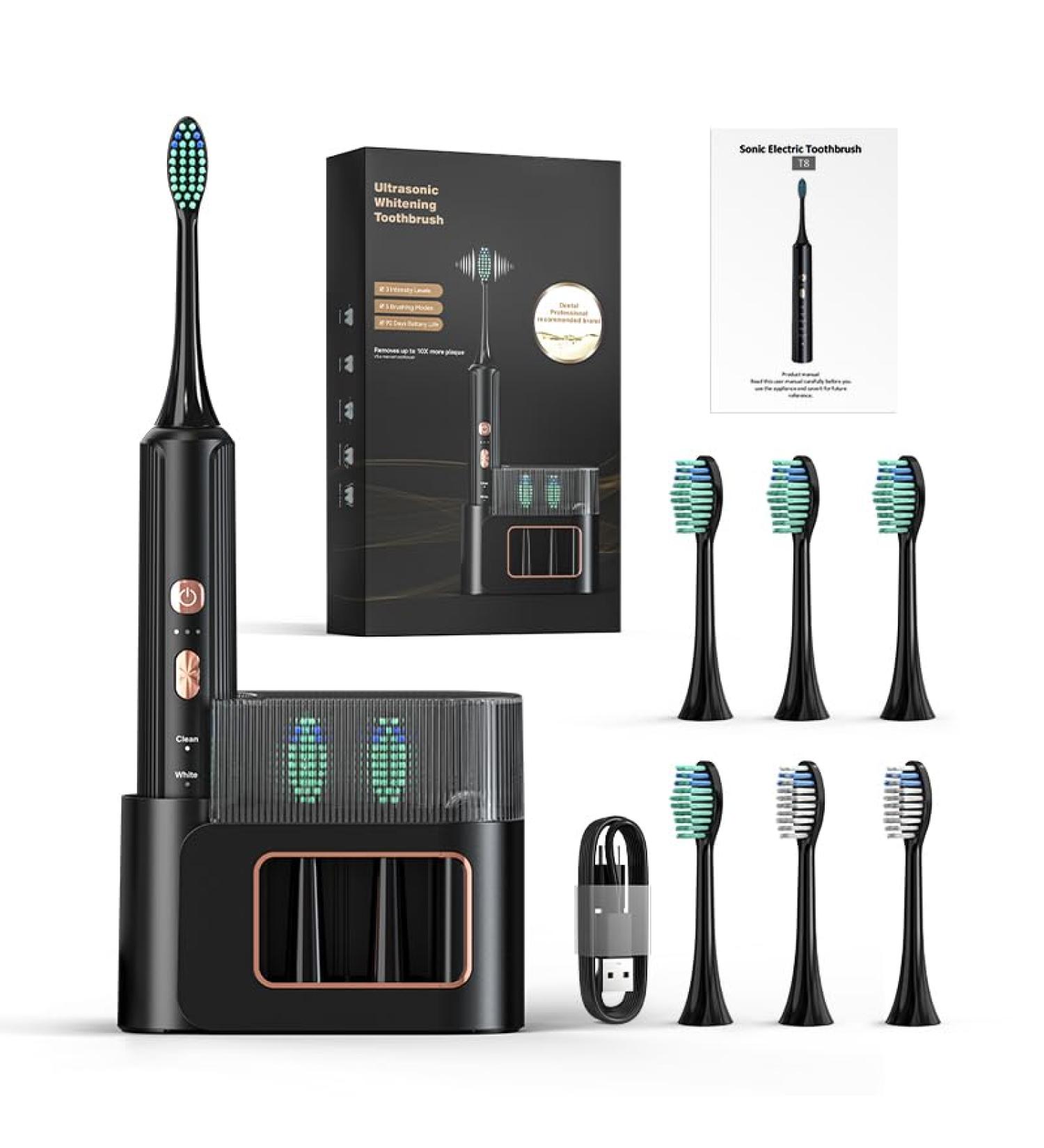 Rechargeable Electric Toothbrush for Adults - 6 Replacement Heads 5 Modes - Buy Online Internationally (Black - Buy Online on GoSupps.com