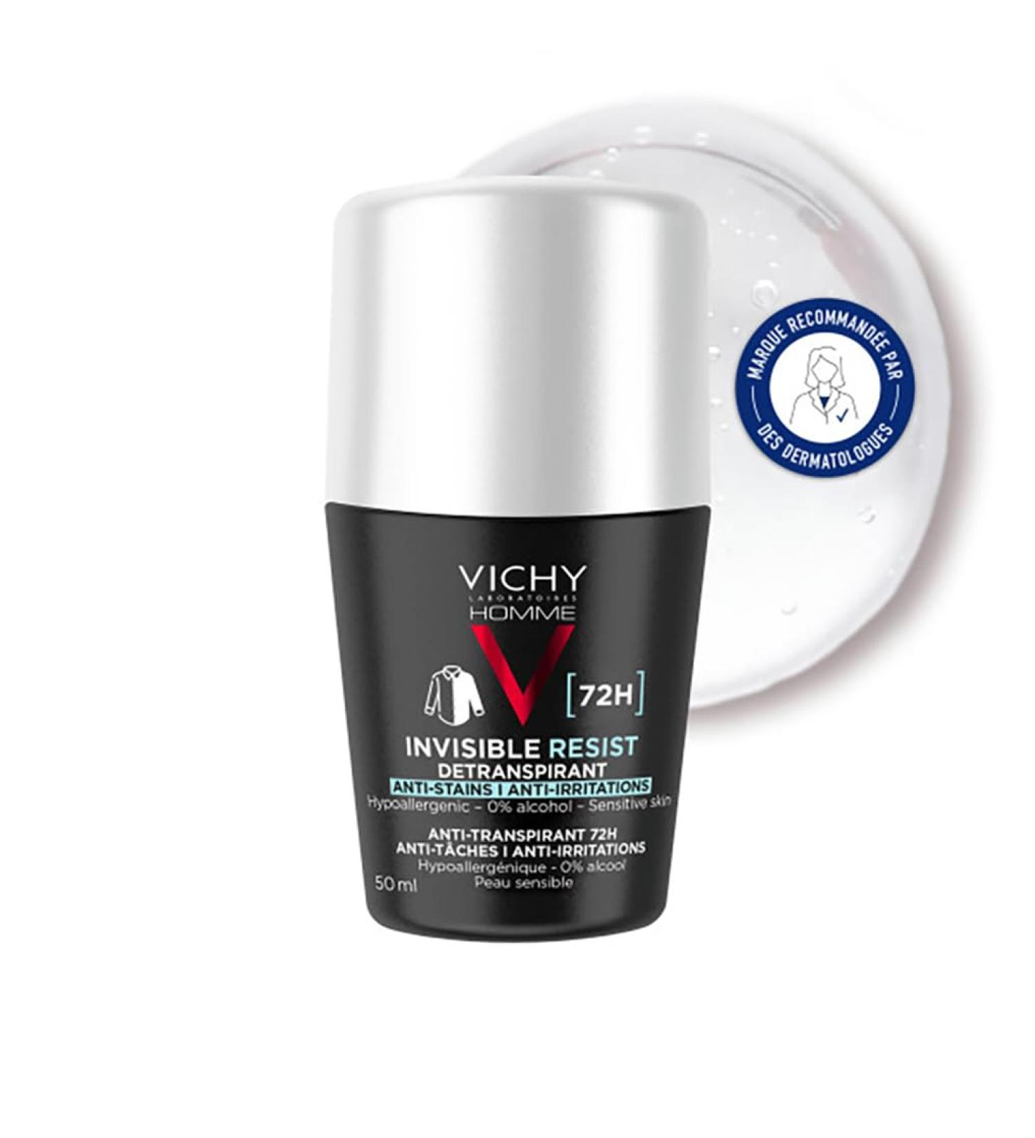 Vichy Homme, Invisible Resist, Roll-On Deodorant, Antiperspirant with Long-Lasting Effectiveness 72 H, Anti-Yellow and White Spots, Suitable for Sensitive Skin, 50 ml
