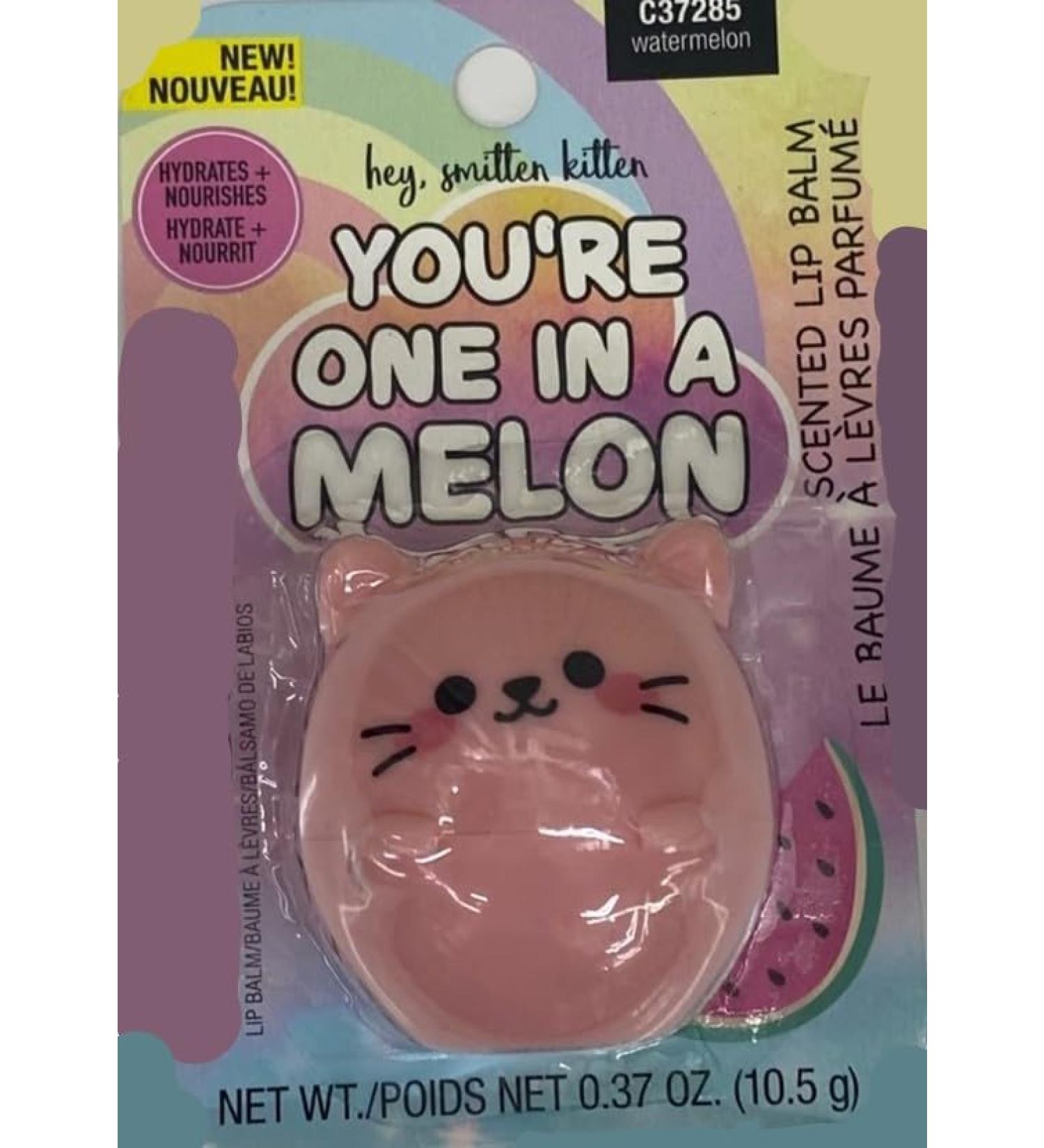 Hey Smitten Kitten You're One in A Melon! Super Cute Cat Shaped Watermelon Flavored Lip Balm 0.37 Oz Clear