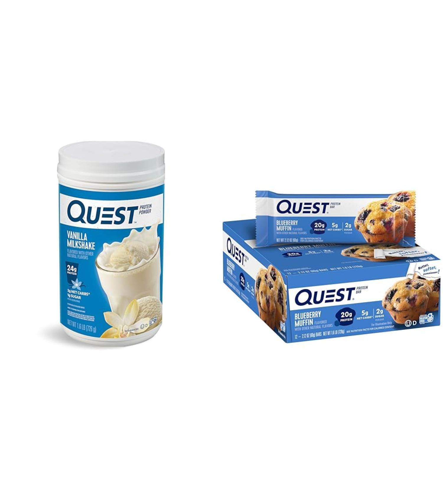 Quest Vanilla Milkshake Protein Powder with 24g Protein Blueberry Muffin Protein Bars with 21g Protein 1.6lb Powder 12 Count Bars - Buy Online on GoSupps.com